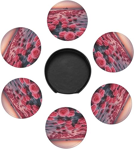 Miniatura 7 de Roses by The Sea Fashionable Printed Leather Coaster Set,A Set of 6 Pieces,4 Inches in Diameter,Adding an Artistic Atmosphere to Your Desktop