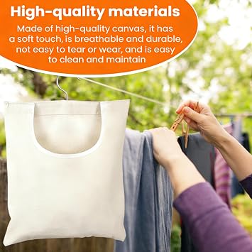 1 PCS Laundry Clothespin Bag - Canvas Hanging Clothes Pin Holder with Metal Hook, Large Opening Design for Clothesline, Outdoor and Indoor Storage, 13.33 x 11.25 Inches