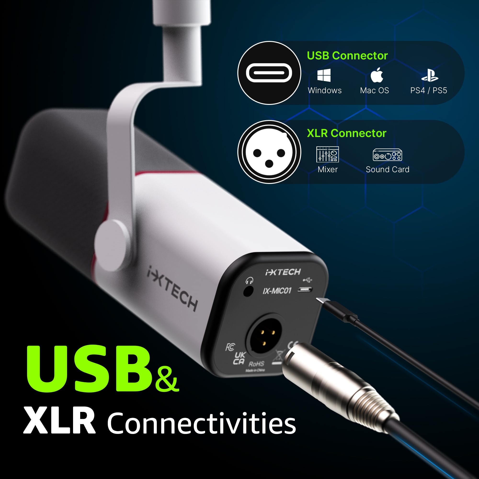 IXTECH Microfono dinamico cardioide con copertura per microfono, microfono vocale USB XLR per podcasting, streaming, registrazione, gioco e voice-over (bianco)