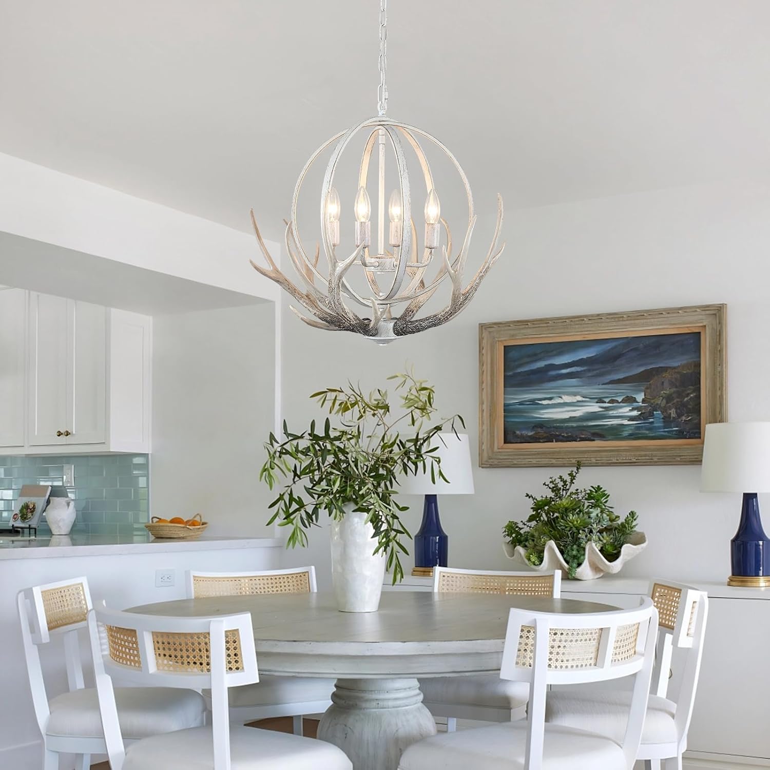 White Antler Chandelier 4-Light Rustic Farmhouse Chandeliers for Dining Room with Resin Deer Globe Chandeliers Vintage Rustic Pendant Lights Kitchen Island Lighting for Foyer Entryway Hallway