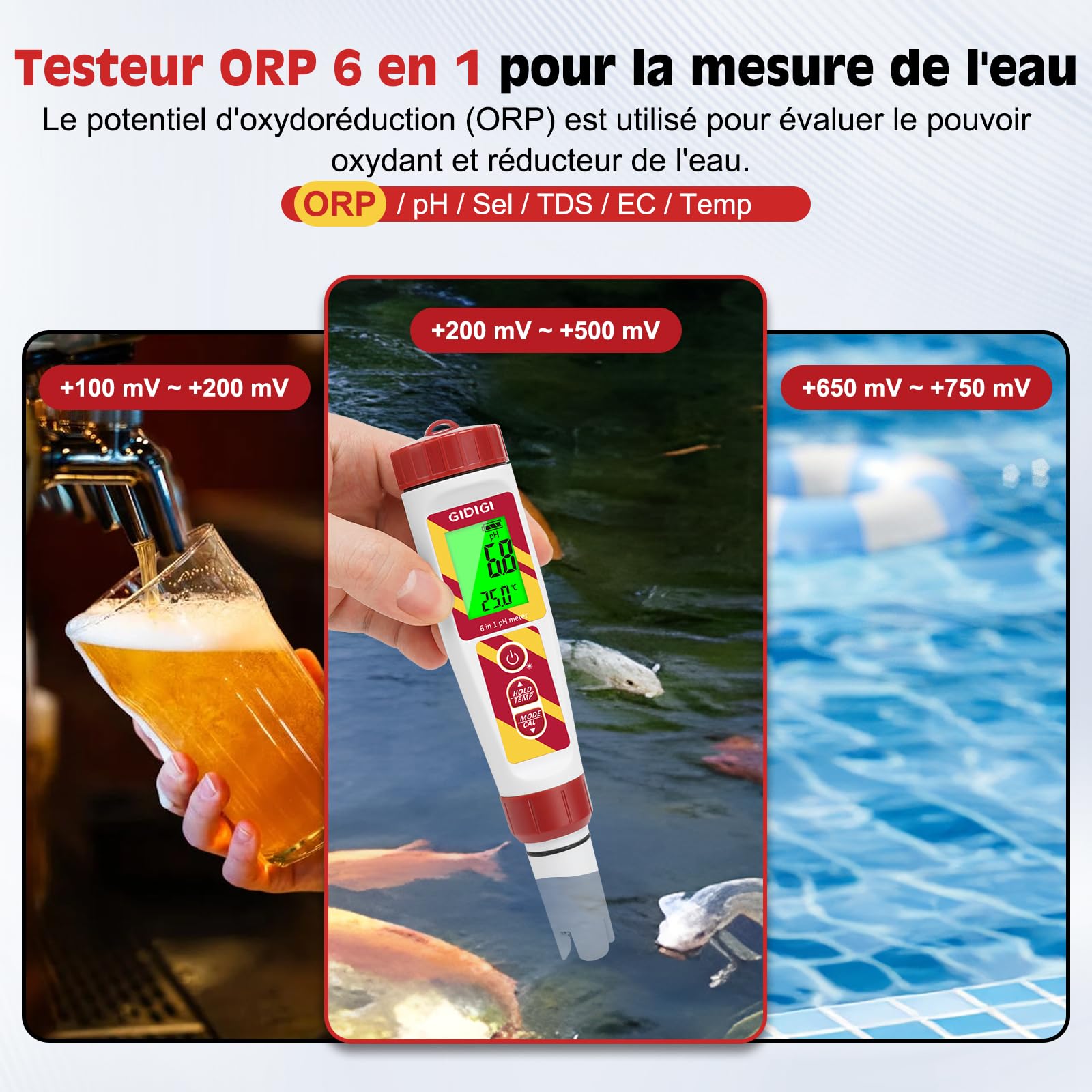 Testeur numérique de qualité de l'eau 6 en 1 pour piscines et hydroponiques, pH/ORP/TDS/EC/salinité/température avec solution d'étalonnage ORP pour aquariums, eau potable, brassage