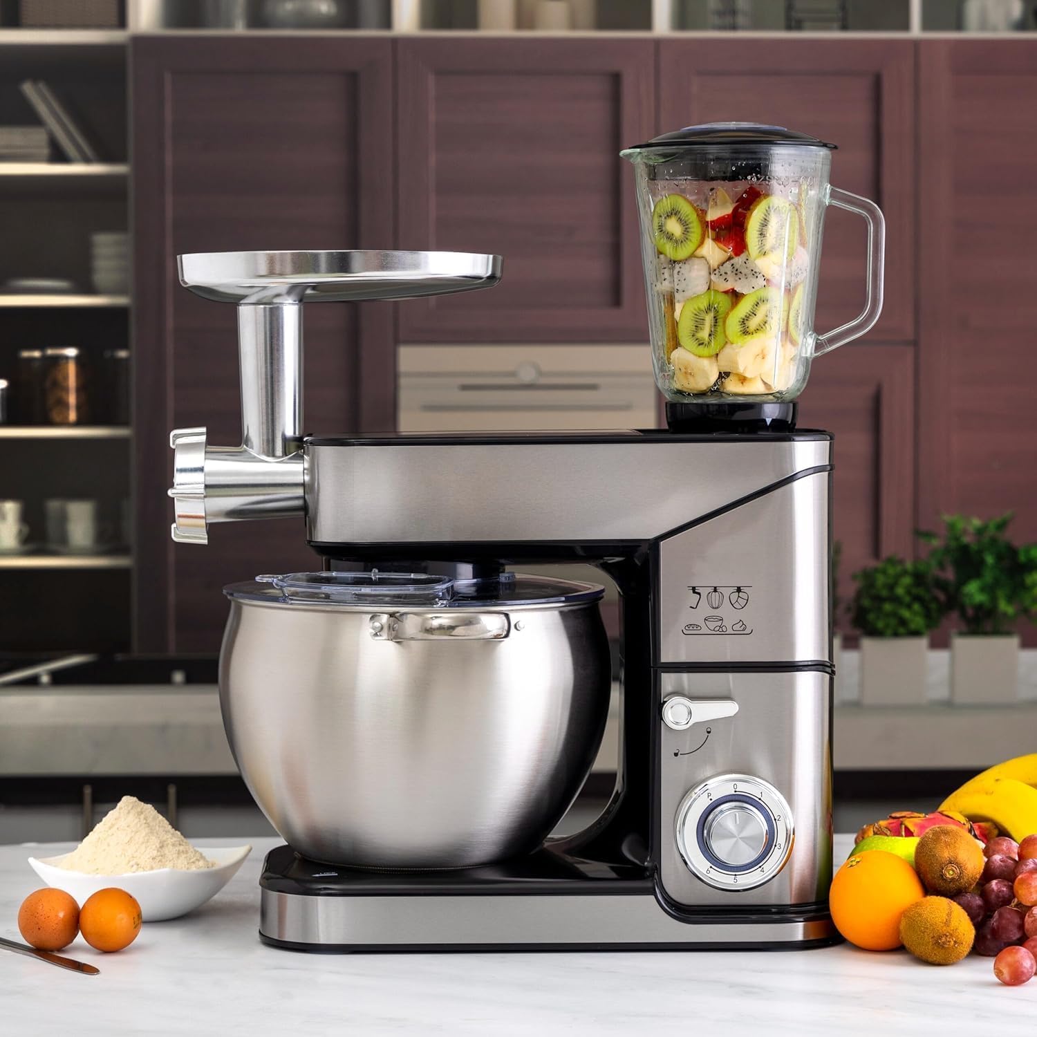 Royal Swiss Robot de cocina 3 en 1, 12 l, 2000 W, con picadora y batidora de cristal de 1,5 l, amasadora planetaria con movimiento planetario, 6 velocidades + pulso, cuenco inoxidable XXL, plateado