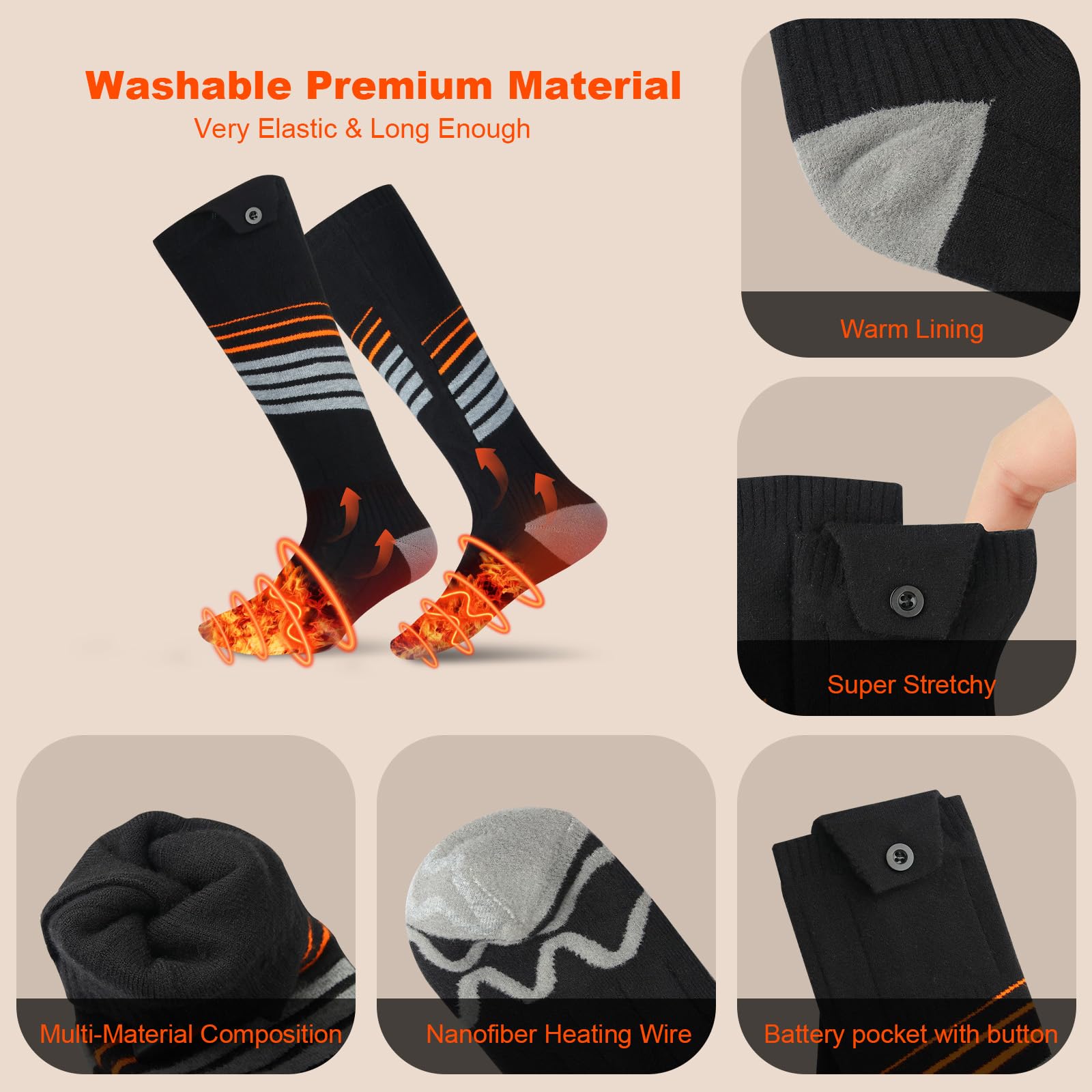 Chaussettes Chauffantes Rechargeables 5000mAh – 4 Températures, Taille 36-46, Lavables