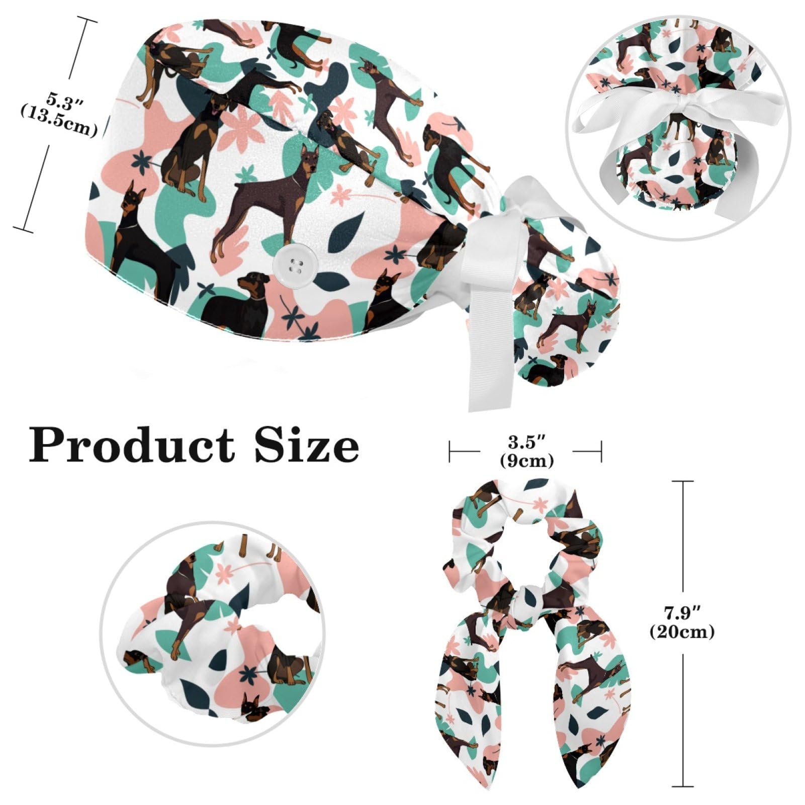 Doberman Dog Leaves Scrub Caps Ponytail, Adjustable Surgical Cap Head Cover for Women Long Hair