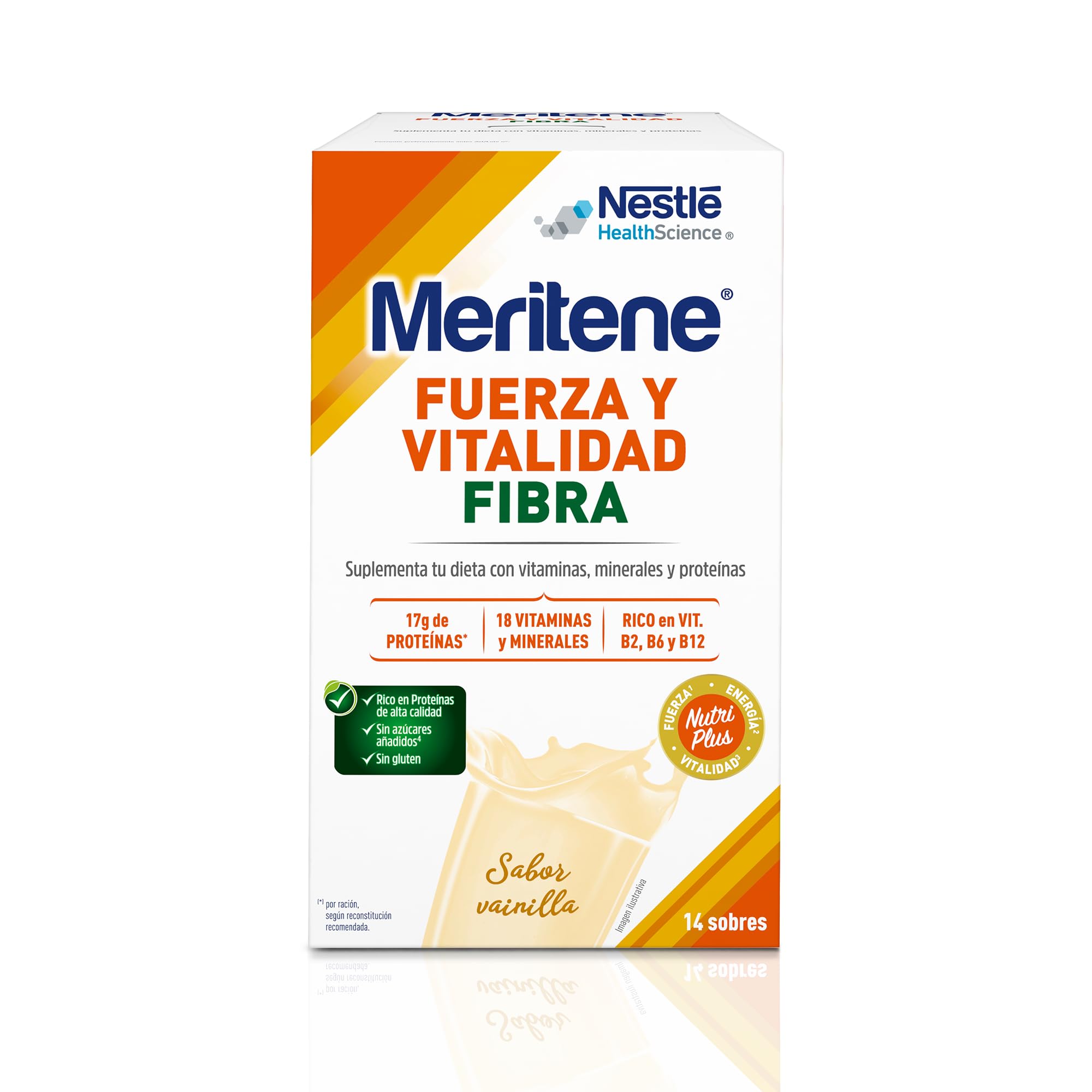 Meritene | Fuerza y Vitalidad Fibra | Sabor Vainilla | Fuerza para tus Músculos, Vitalidad para ti | Solución Nutricional Adultos con Fibra, Proteínas, Vitaminas y Minerales| 14 Sobres| 490 gr