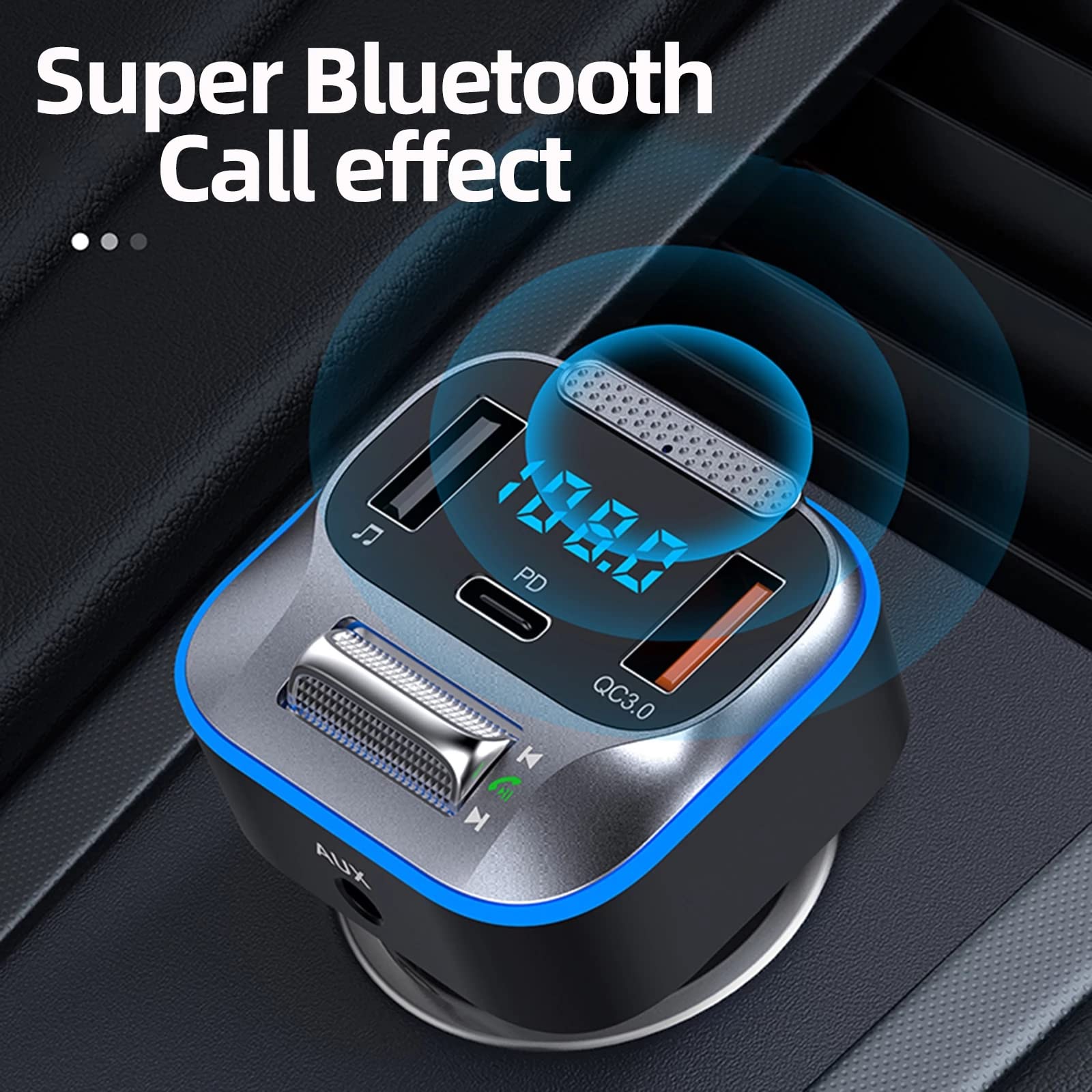 Bluetooth 5.0 FM Transmitter for Car, Radio Receiver/Audio Adapter with CVC Noise-Cancellation Microphones, QC3.0 & PD18W Fast Charge, Support U Disk/Aux