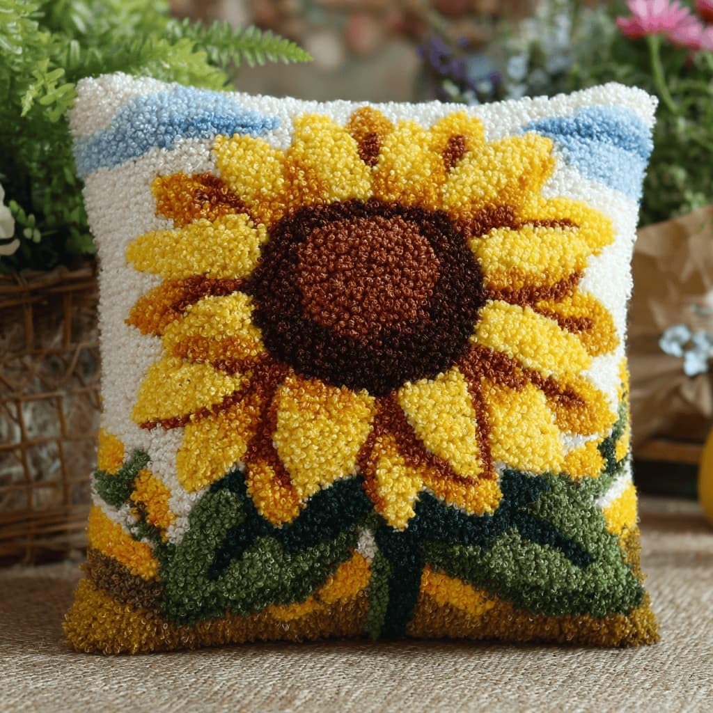 AxiangziK Latch Hook Cushion Kits,Sunflower DIY Needlework Pillow Cover Cushion Rug Making Kit,17X17Inch Handmade Embroidery Kits, Decorative Throw Pillow Cover for Sofa Cushions, Bedroom Decor