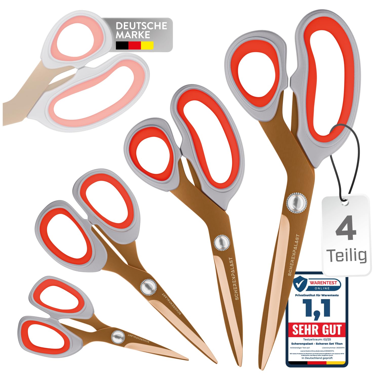 Scheren Set 4-teilig, kupferro, titanbeschichtet – 23,5/20,5/17,5/13,5 cm – Premium Haushaltsschere & Stoffschere, Profi Schneiderschere, Nähzubehör & Bastelschere