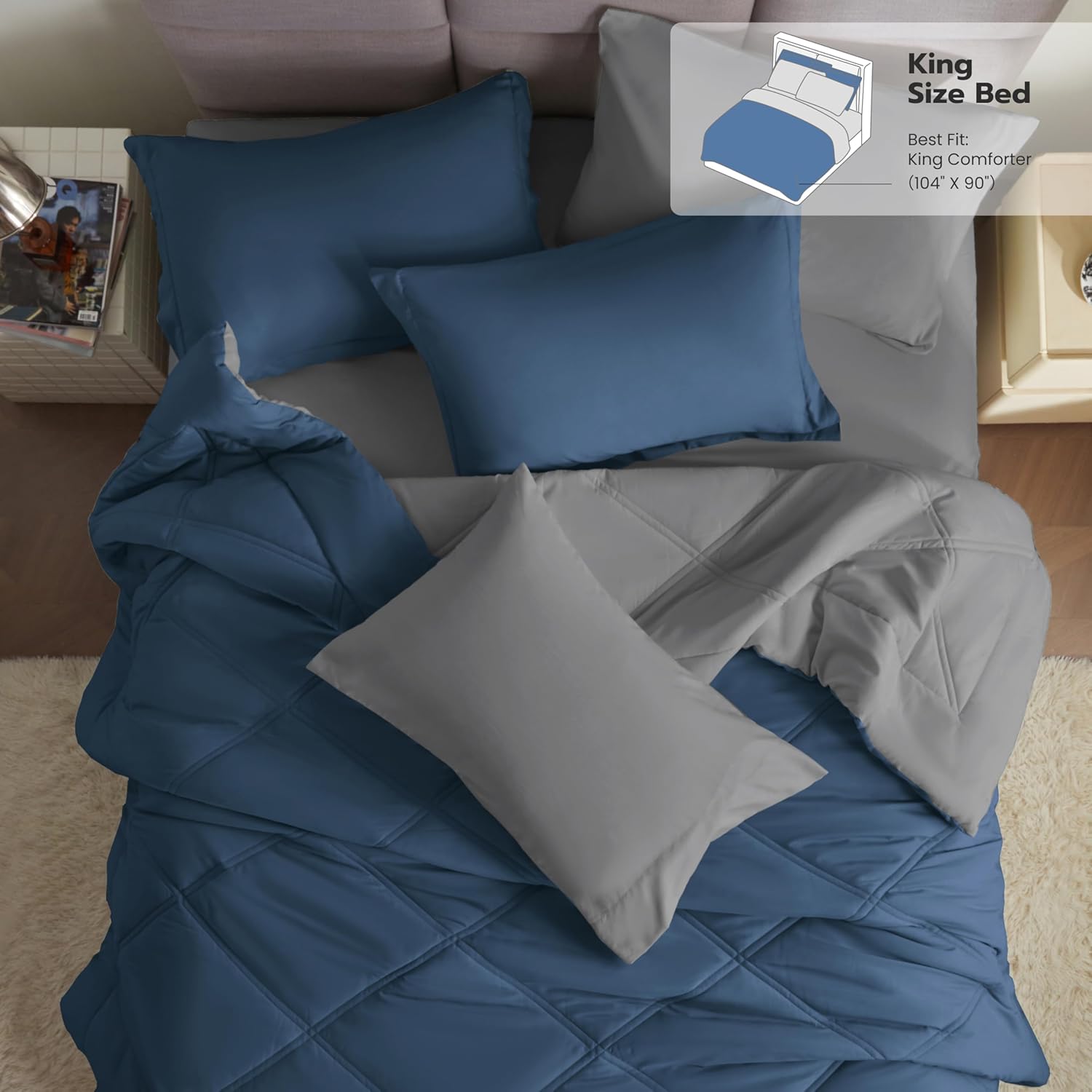 Joiedomi King Size Comforter Set with Sheets Navy Blue, 7 Pieces King Bedding Set with 1 Down Alternative Comforter, 1 Flat Sheet, 1 Fitted Sheet, 2 Pillowcases and 2 Pillow Shams, Bed in a Bag - Image 2