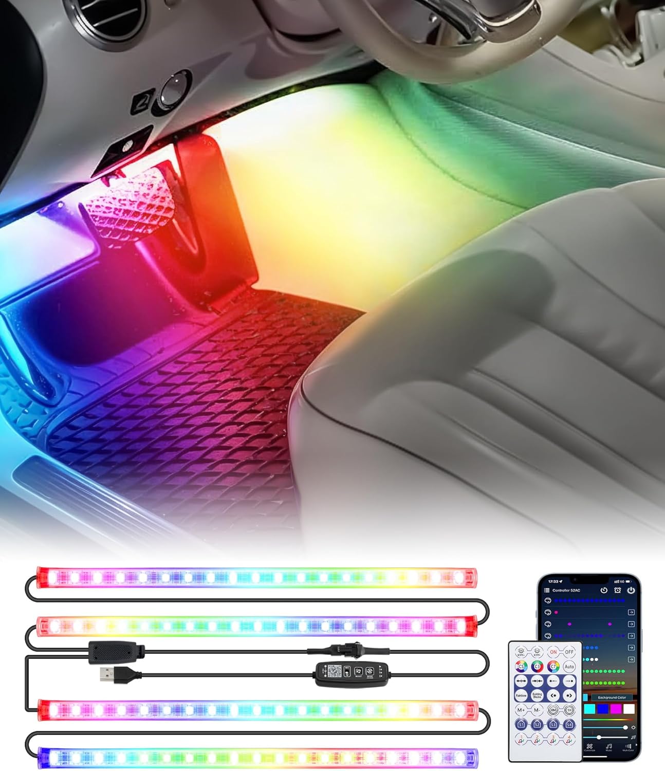 Partsam Smart RGB LED Car Interior Light Strips w/Remote