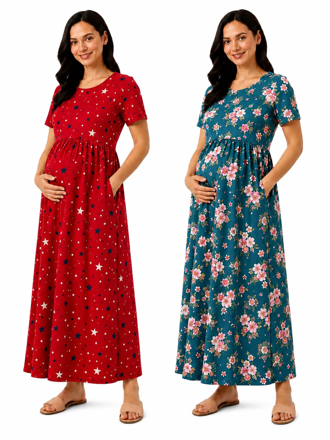Zipless Maternity Feeding Dress Combo Pack of 2 | Zipless Nursing Dress for Women | Soft Cotton Lounge & Outdoor Wear | Pregnancy & Feeding Friendly Maxi Dress with Pockets-image-29