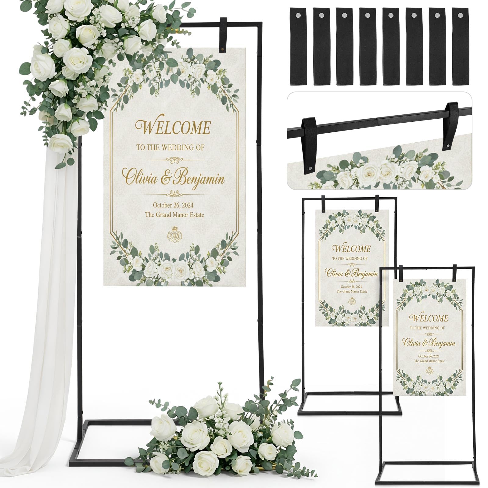 Condition photo showing New/Like New for blulu 3 pack wedding sign holder adjustable metal wedding sign stand with 8 leather straps floor display easel stand for welcome seating chart ceremony reception decor(black)