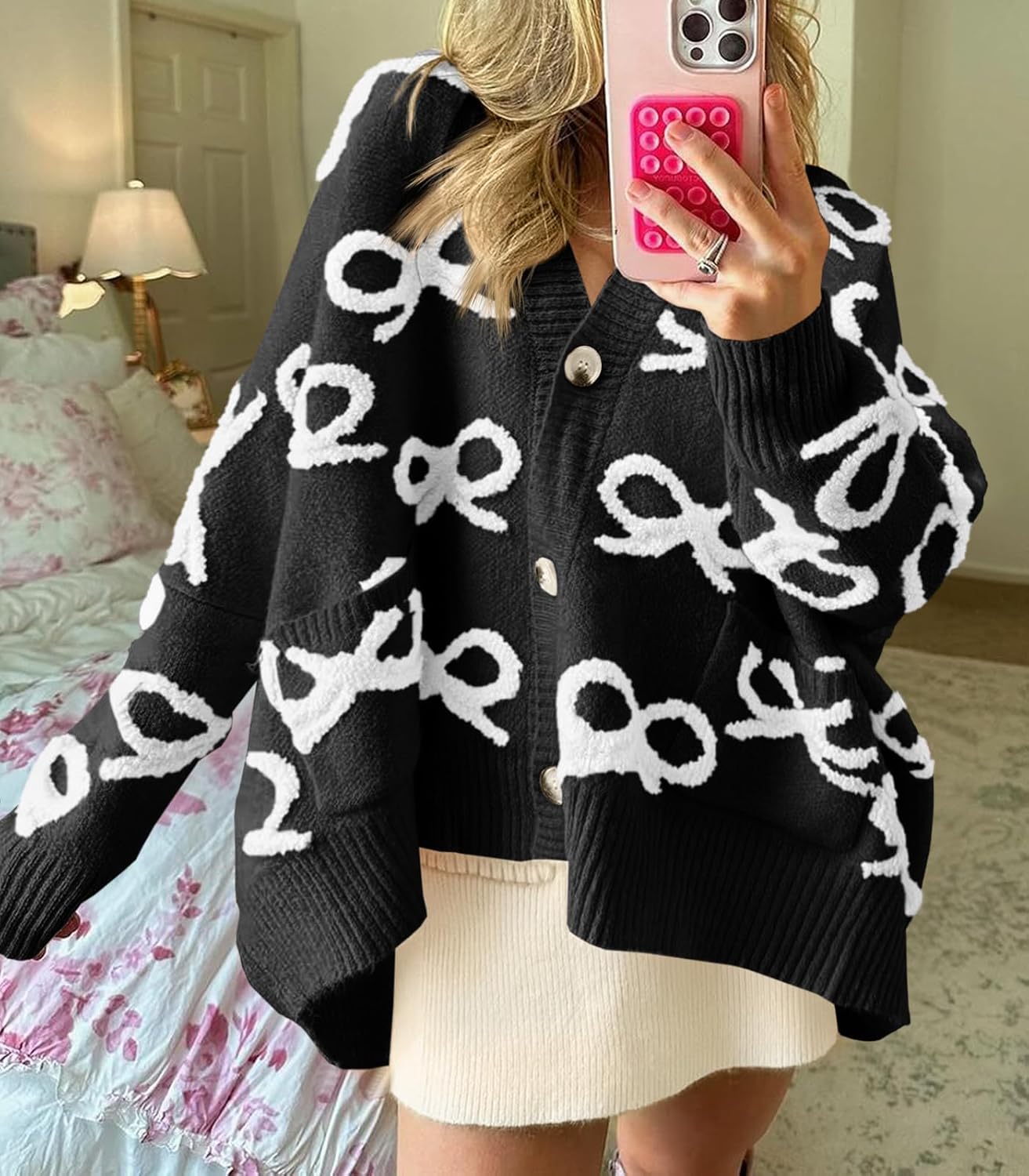 Saodimallsu Womens Bow Cardigan Sweaters Button Up Chunky Knit Loose Fit Fall Winter Sweater Coats with Pockets - Image 6