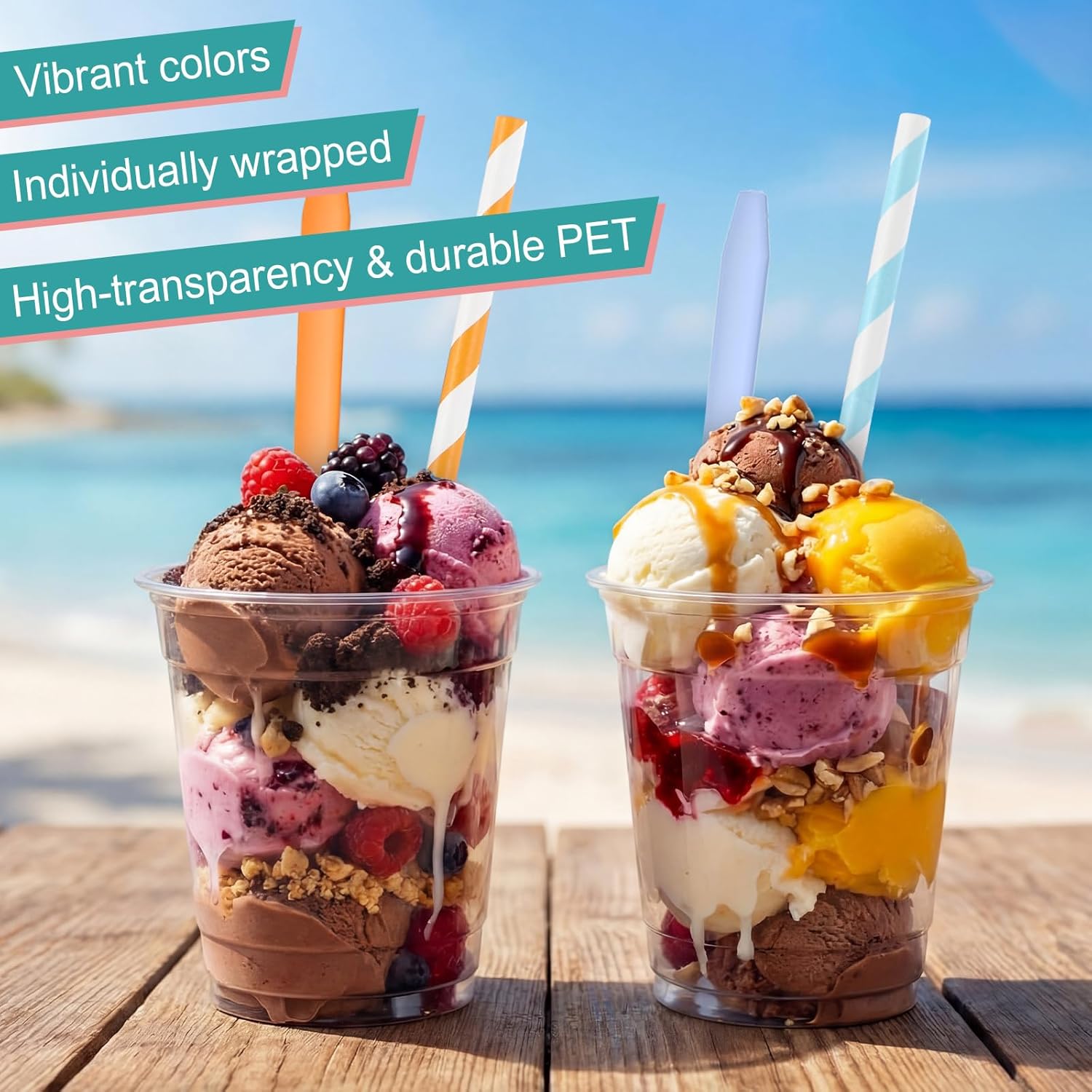 100 Set 16 oz Root Beer Float Cups with Red Soda Spoons and Paper Straws Plastic Disposable Parfait Cups Bulk Clear Milkshake Mugs for Iced Coffee, Smoothie, Milkshake and Party Supplies