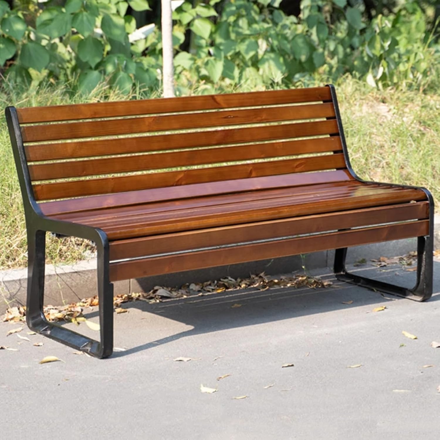 Cast Iron Frame Garden Bench, Outdoor Leisure Loveseat, Patio Bench Chair w/Floral Design Backrest, Slatted Seat for Park, Yard & Porch, Easy to Assemble(Brown,47x22.2x31.2in)