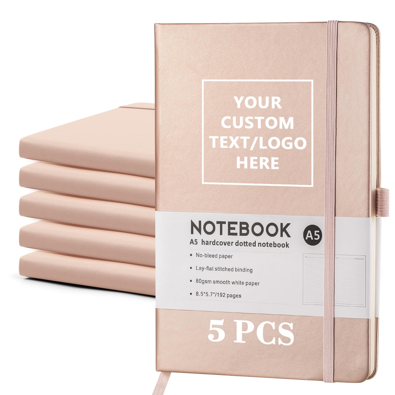 Vebermo Personalized Notebook-Can Engrave Logo/Text/Image, Customizable A5 Journal Notebook Daily Journals For Writing-192 Lined Pages 8.5 x 5.71 Inch,Rose Gold,5 pcs