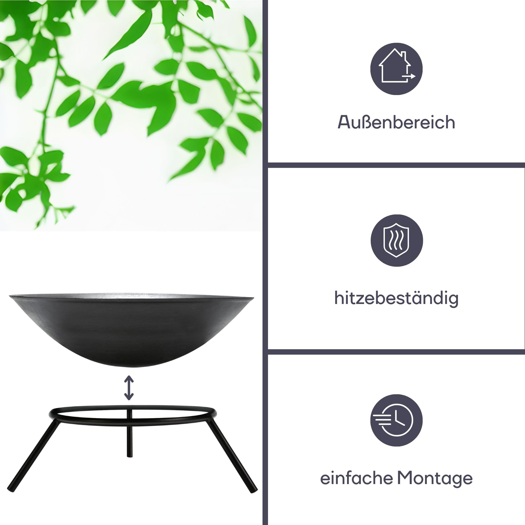 Perel Runde Feuerschale mit 3-Bein-Gestell, Gusseisen-Feuerstelle Ø56 cm, Höhe 26 cm, Schwarze Gartenfeuerstelle für Terrasse oder Balkon, ideal für Holz oder Holzkohle |