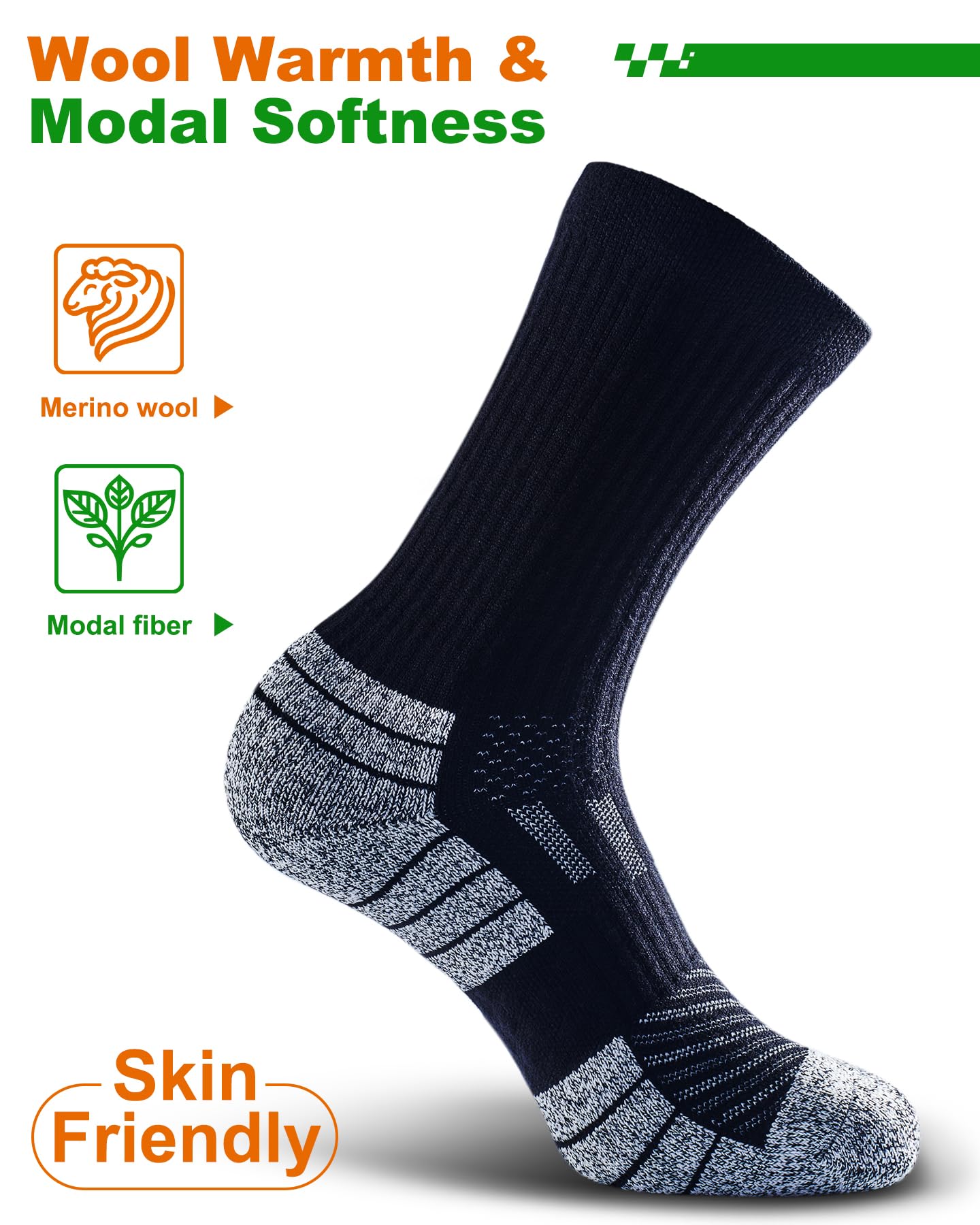 NSRRUN TURTLE Hiking Socks - Winter Thermal Merino Wool Socks for Men & Women - Thick Crew Socks for Hunting Work, Large, Black, 2 Pairs