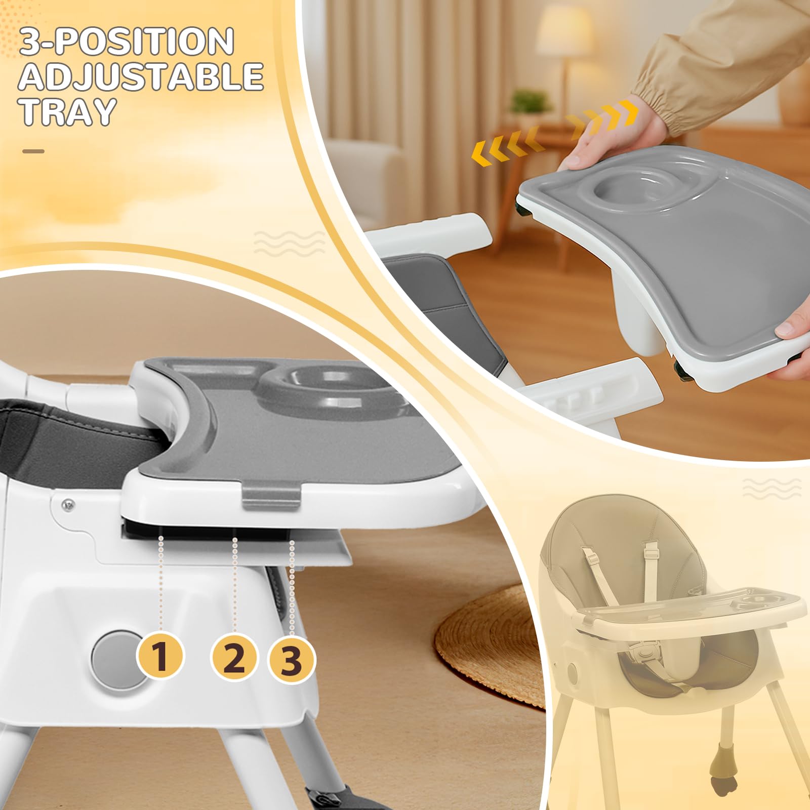 LEADZM Trona 3 en 1 para bebé, se convierte en mecedora, bandeja doble extraíble, trona plegable para bebé con ruedas giratorias y cesta de almacenamiento, para bebés de 6 a 36 meses (gris)