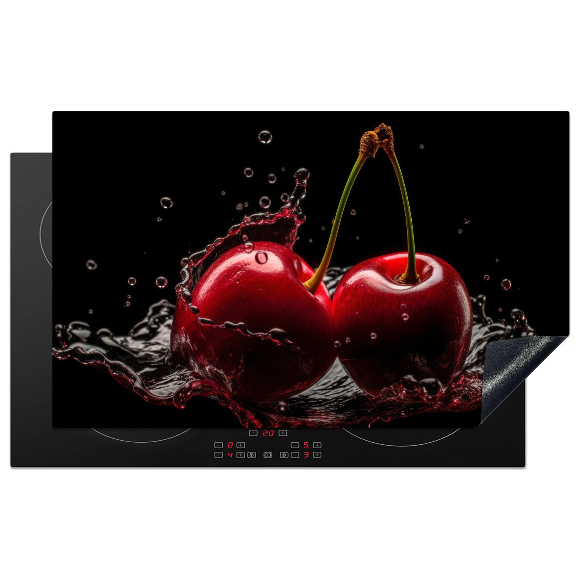 KitchenYeah© Induction Hob Protector Mat 20.3"x32.7" / 83x51.5 cm Stove Cap Top Cover Kitchen Cooker Covers for Electric Hobs Vinyl Cherries - Red - Fruit - Water - Black