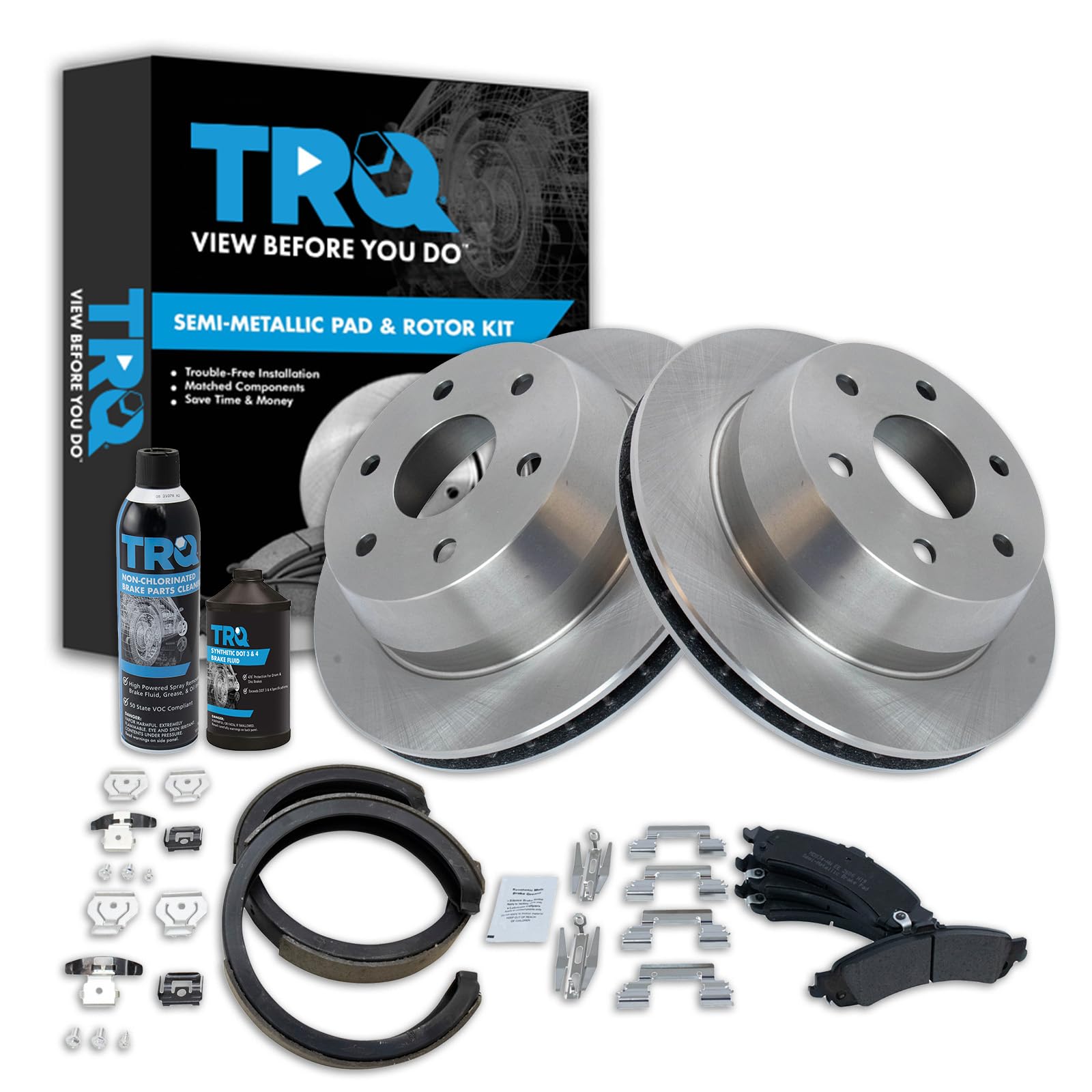 TRQ Rear Brake Pad &amp; Rotor Kit Semi-Metallic Compatible with 02-06 Avalanche 1500 Escalade 03-06, ESV, EXT Sierra 1500 Silverado 1500 00-06 Suburban 1500 Tahoe Yukon Yukon XL 1500