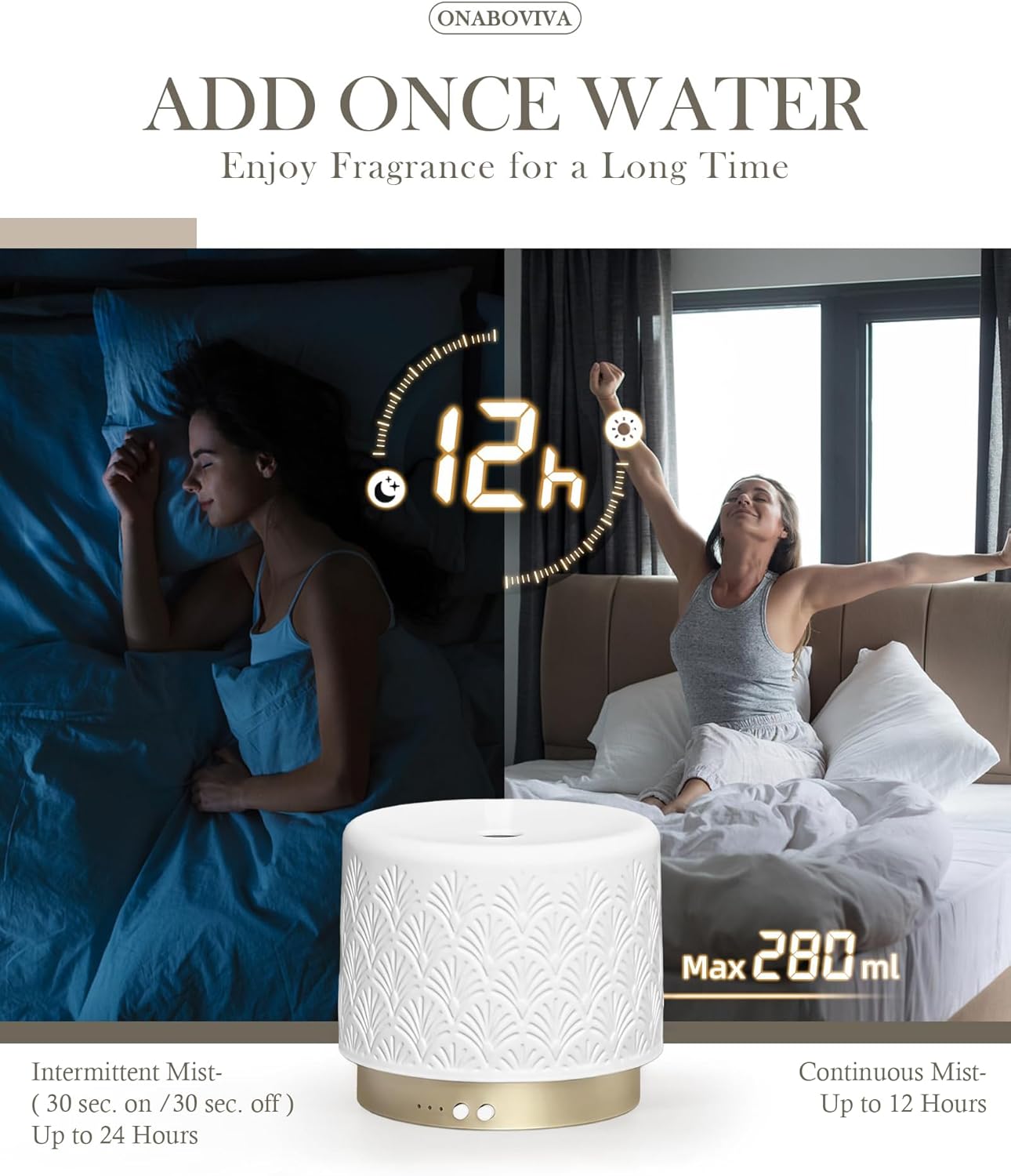 Ceramic Essential Oil Diffuser, 280ml 2.4MHz Ultrasonic Cool Mist Aromatherapy Diffuser with 12H/24H Runtime,Auto Shut-Off,Quiet Operation,3 Timer Settings for Large Room,Home,Office,SPA,Yoga,Gift