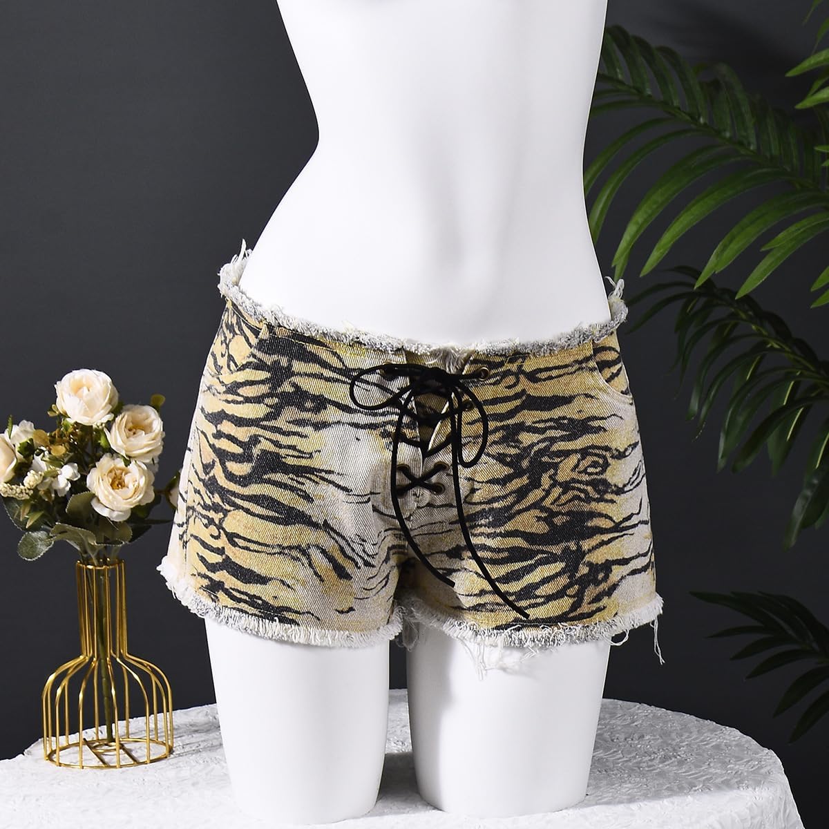 Women Shorts Tiger Print Denim Jean Shorty Front Lace Tie High Waisted Pants