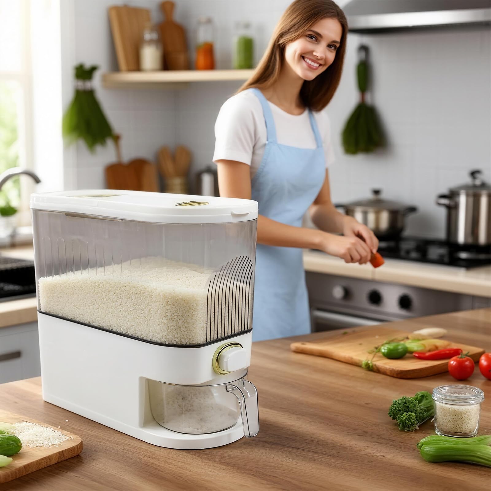 Reisspender 5 kg Transparent, Reisbehälter mit Messbecher für Küche | Luftdichte Aufbewahrung für Reis, Getreide und Trockenfutter, transparenter Spender mit Skala für Küche oder Vorratsraum