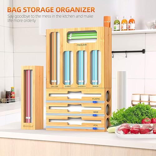 Miniatura 7 de Organizador de bolsas de almacenamiento 9 en 1 para cajón de cocina, papel de bambú y envoltura de plástico con cortador, organizadores de cocina y