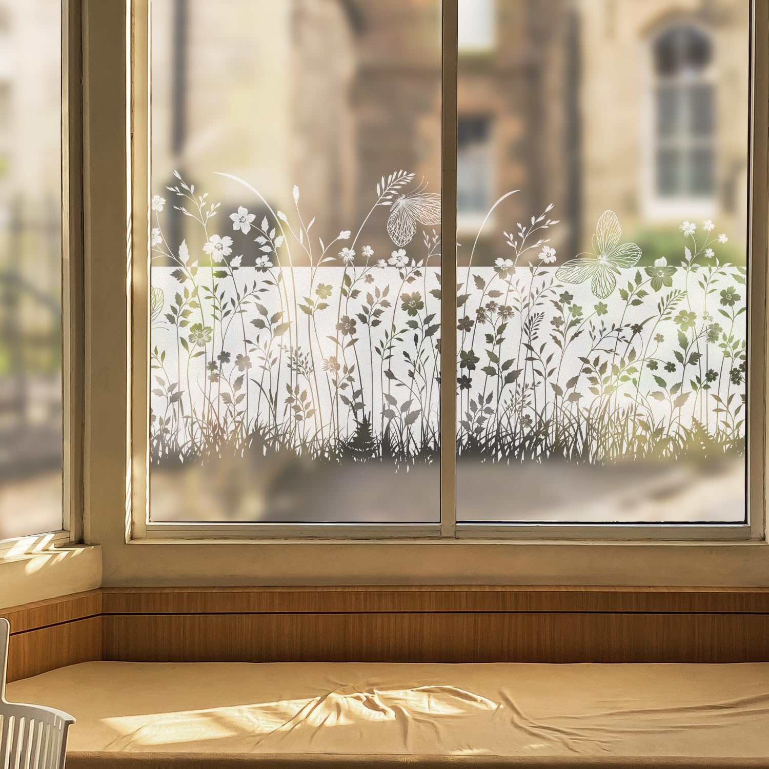 150 x 58 cm Fensterfolie, Sichtschutz für Glasfenster, reinweiß, Vintage, mattiert, wiederverwendbar, Blumenfensterfolie für Küche, Bad, Büro, Schlafzimmer, Privatsphäre, Schmetterlinge und