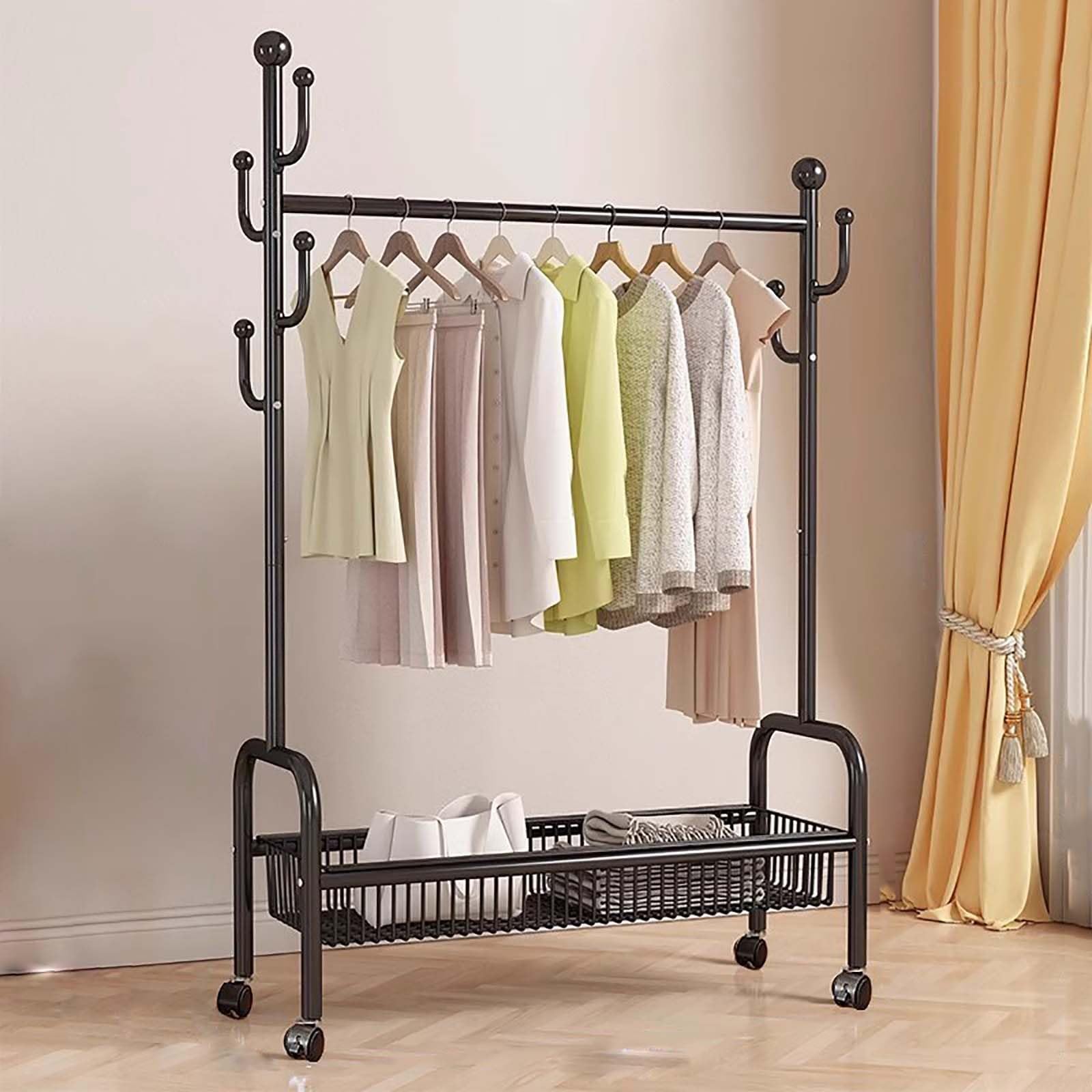 YNBSHGAA Heavy-Duty Rolling Garment Rack with Integrated Basket, Free-Standing Metal Clothes Hanger for Bedroom, 60cm/23.6in, Stylish Gold Finish,Nero-80cm/31.5in