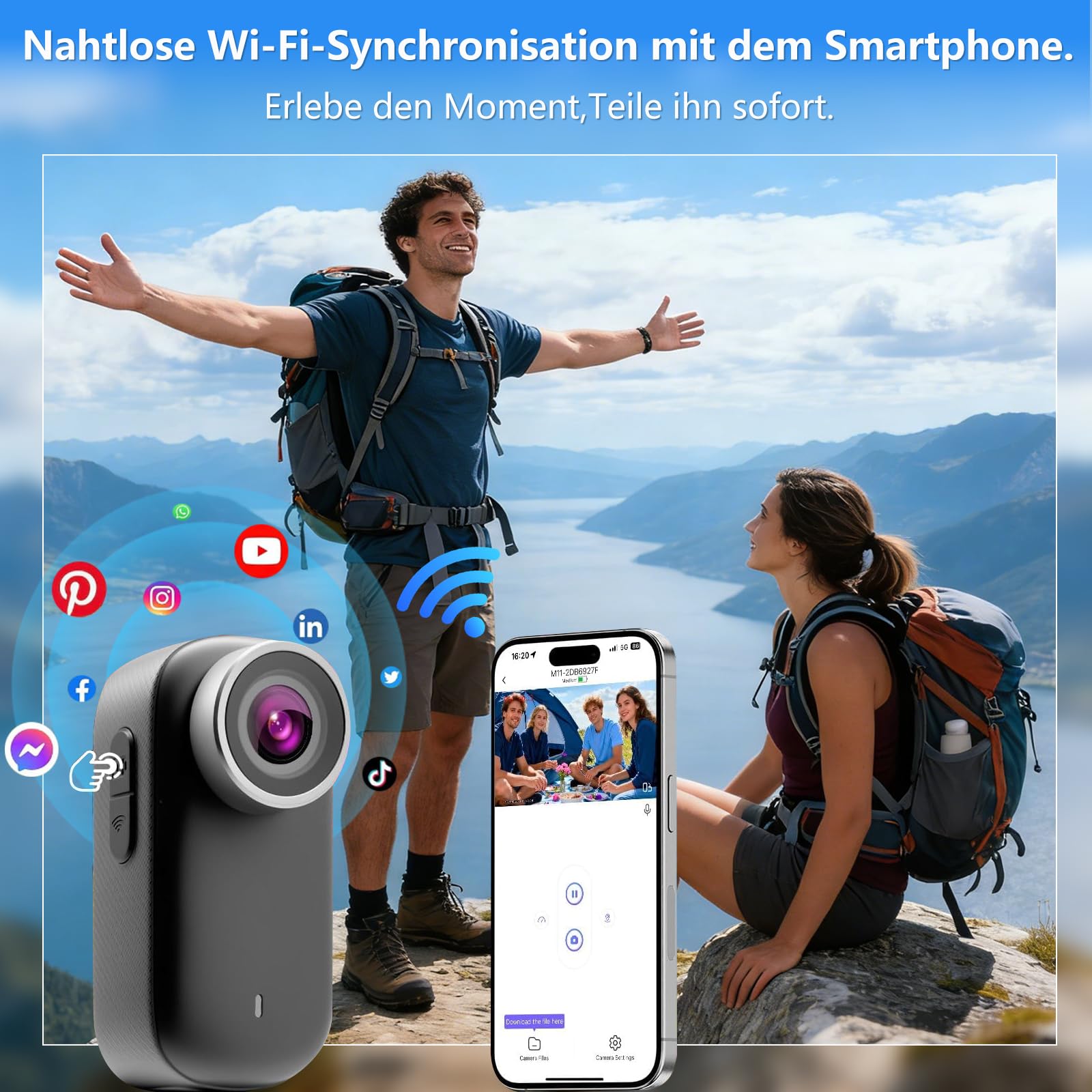 Mini Action Cam 4K WiFi mit Bildschirm und wasserfestes Gehäuse, 64GB UHD 150° Weitwinkel IP65 Bodycam, Tragbare Anti-Shake Helmkamera Motorrad für Sport & Outdoor-Aktivitäten (64G Card)