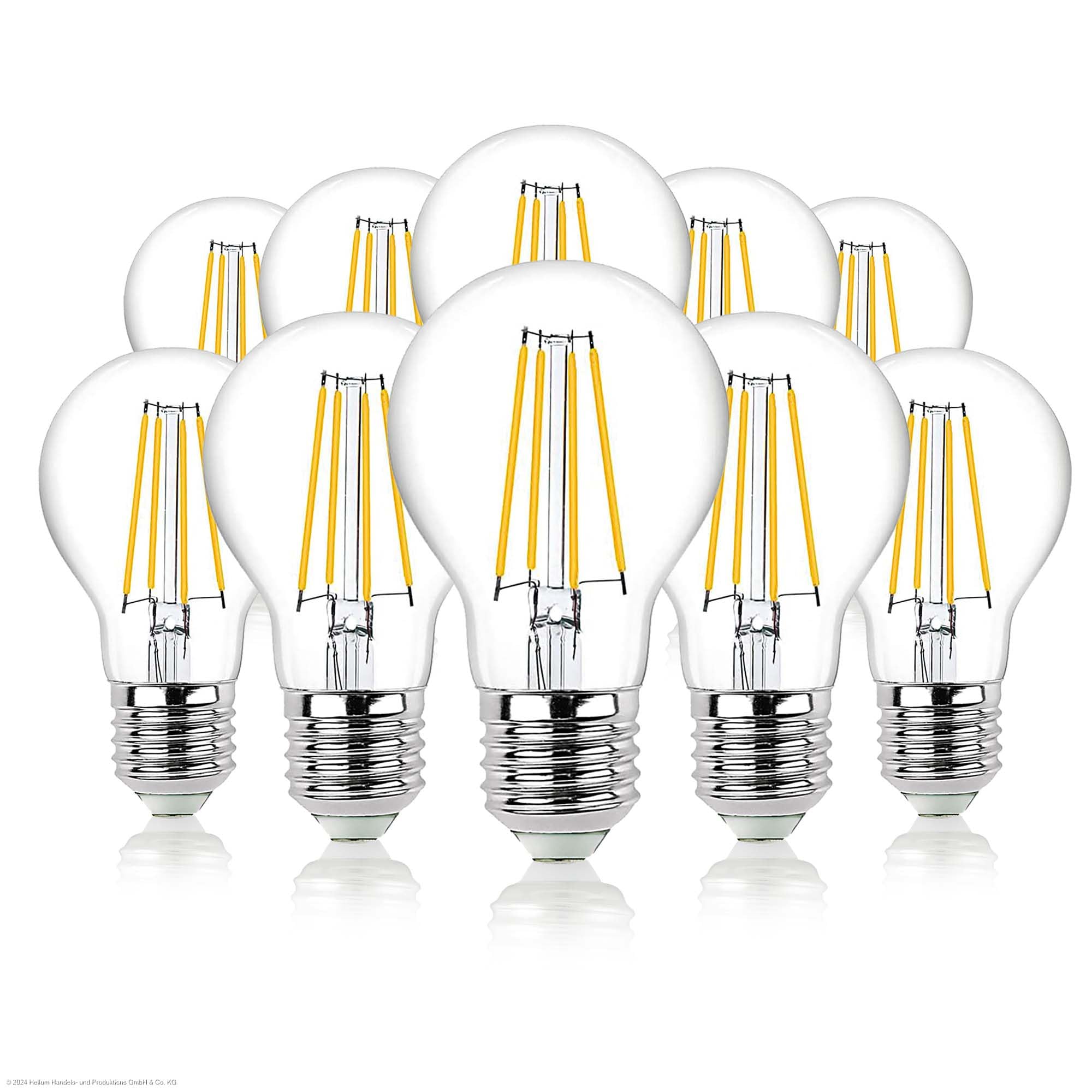Hellum Lampadina Filamento LED, 10 pezzi, 7W equivalenti a 60W, con attacco E27, 810 lumen, Luce bianca calda 2700K, Forma a Lampadina A60, con filamento in vetro transparente, senza sfarfallio 206111