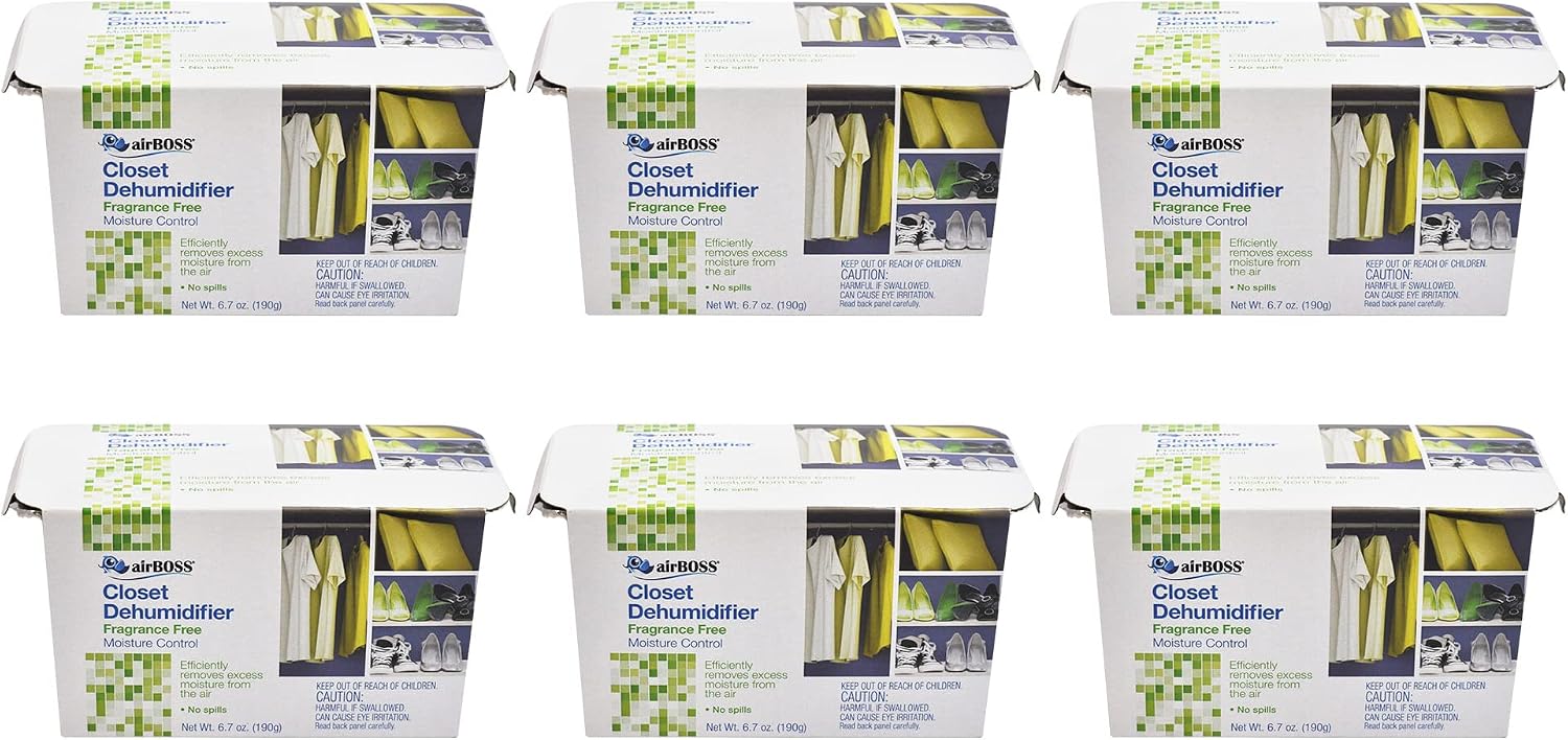 airBOSS Closet Dehumidifier, Fights Mildew and Odors in Small Spaces, Fragrance Free, No Spills, 6.7 oz, Pack of 6