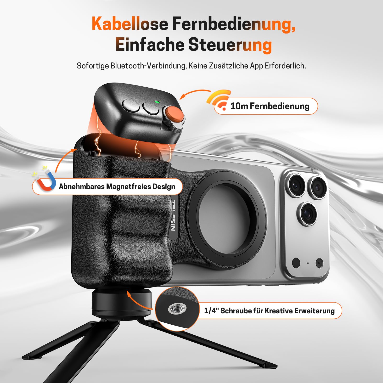 Jeebel Smartphone Handle Grip, Magnetische Handgriff mit Abnehmbarer Bluetooth-Fernbedienung & 1/4"-Gewinde für Selfies VLOG Videoaufnahme, Universelle iPhone Android Telefone Handhalterung