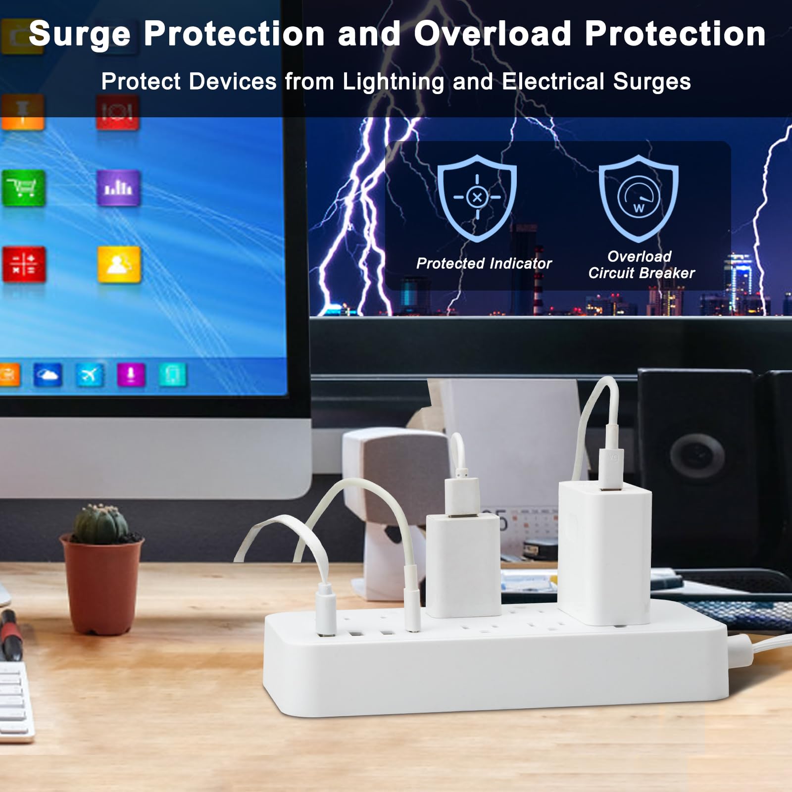 Cable de extensión plano de 15 pies, protector de sobretensiones y regleta de alimentación con 8 salidas y 4 puertos USB, 3 clavijas, extensor de enchufe con cable largo, protección contra sobrecarga
