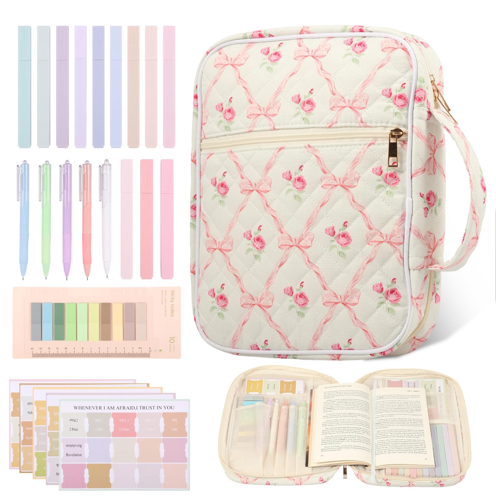 Quilted Cotton Book Cover Case Portable Floral Pattern Book Carrying Case Protective Bag with Handle Study Supplies Accessories Machine Washable(Pink,Rose Rhombus)
