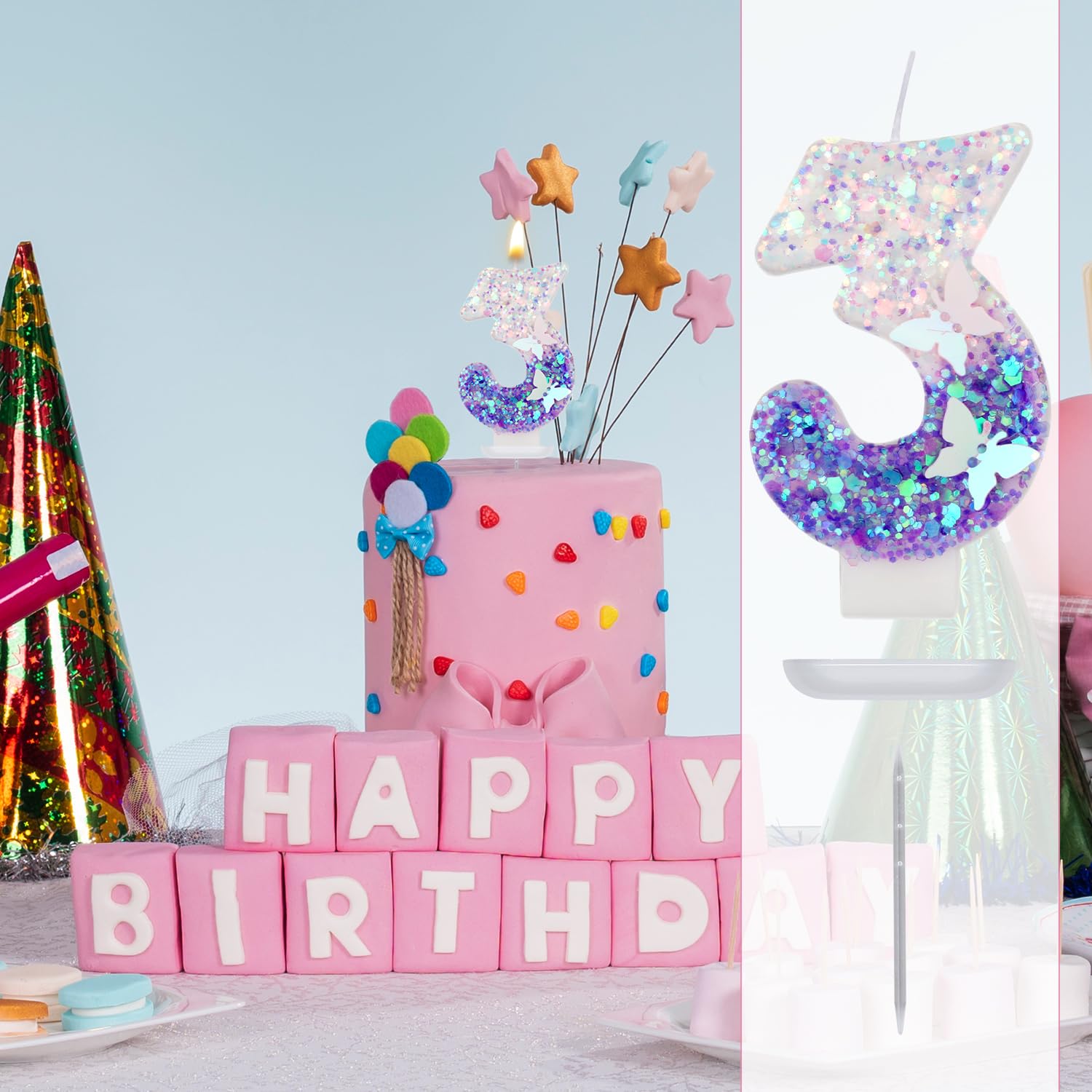 Candeline Compleanno Con Numero 3, Viola Glitterata A Forma Di Farfalla, Altezza 7,3 Cm