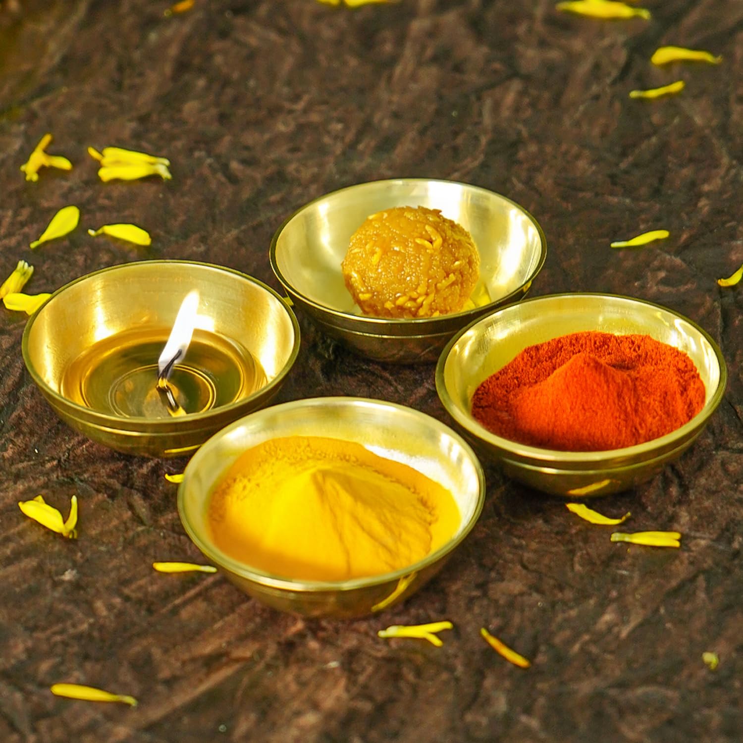 Pure Brass Katori for Pooja | Small Multipurpose Prasadam Bowls for Pooja | Katori for Prasad | Pooja Items Peetal Bowl (Set of 4) | Pital Diya Roli Chawal Kumkum Cups for Puja