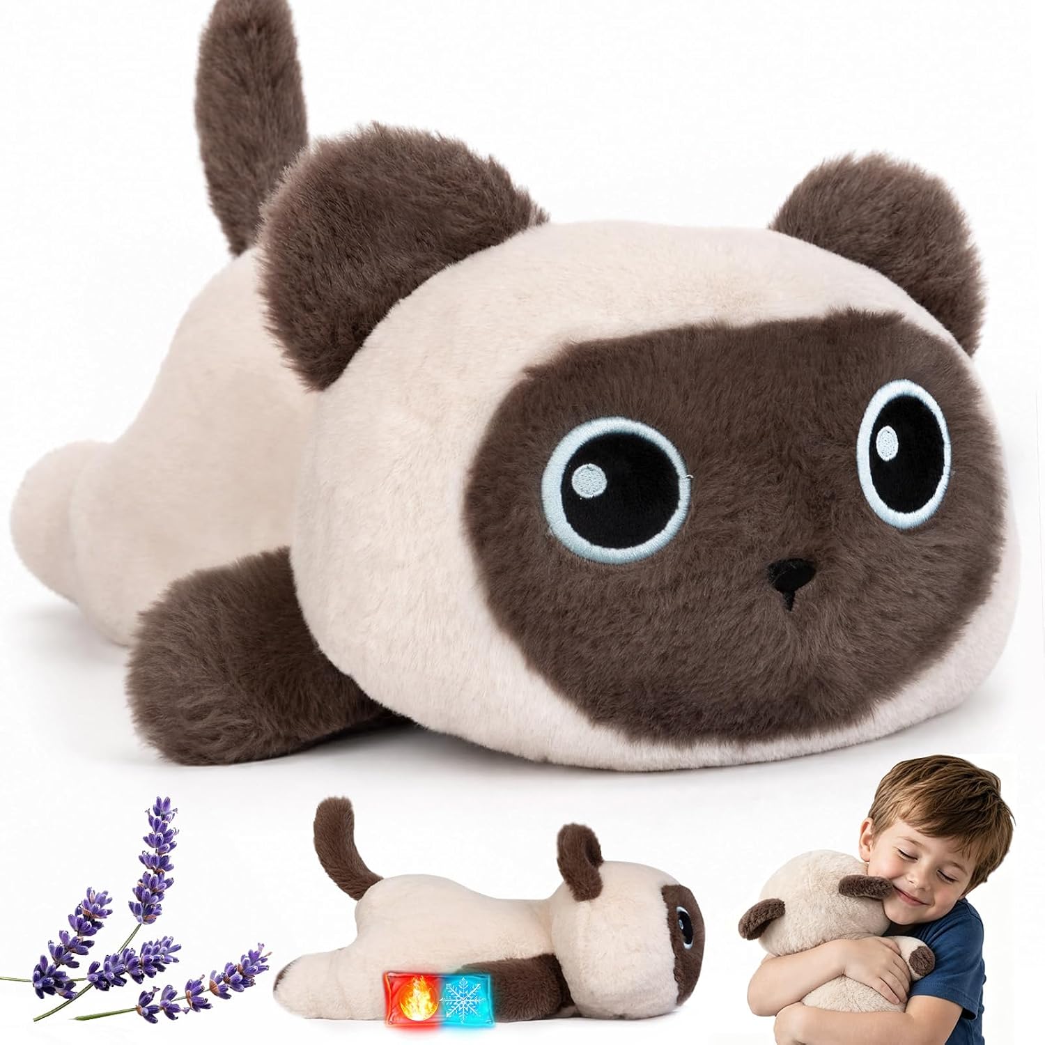 Weighted Stuffed Animal, 1.8lb Cat Plush Toy, Microwavable Heatable Coolable Plush with Lavender Scent, Soft Pillow for Period Pain, Gift for Adults and Kids, Siamese