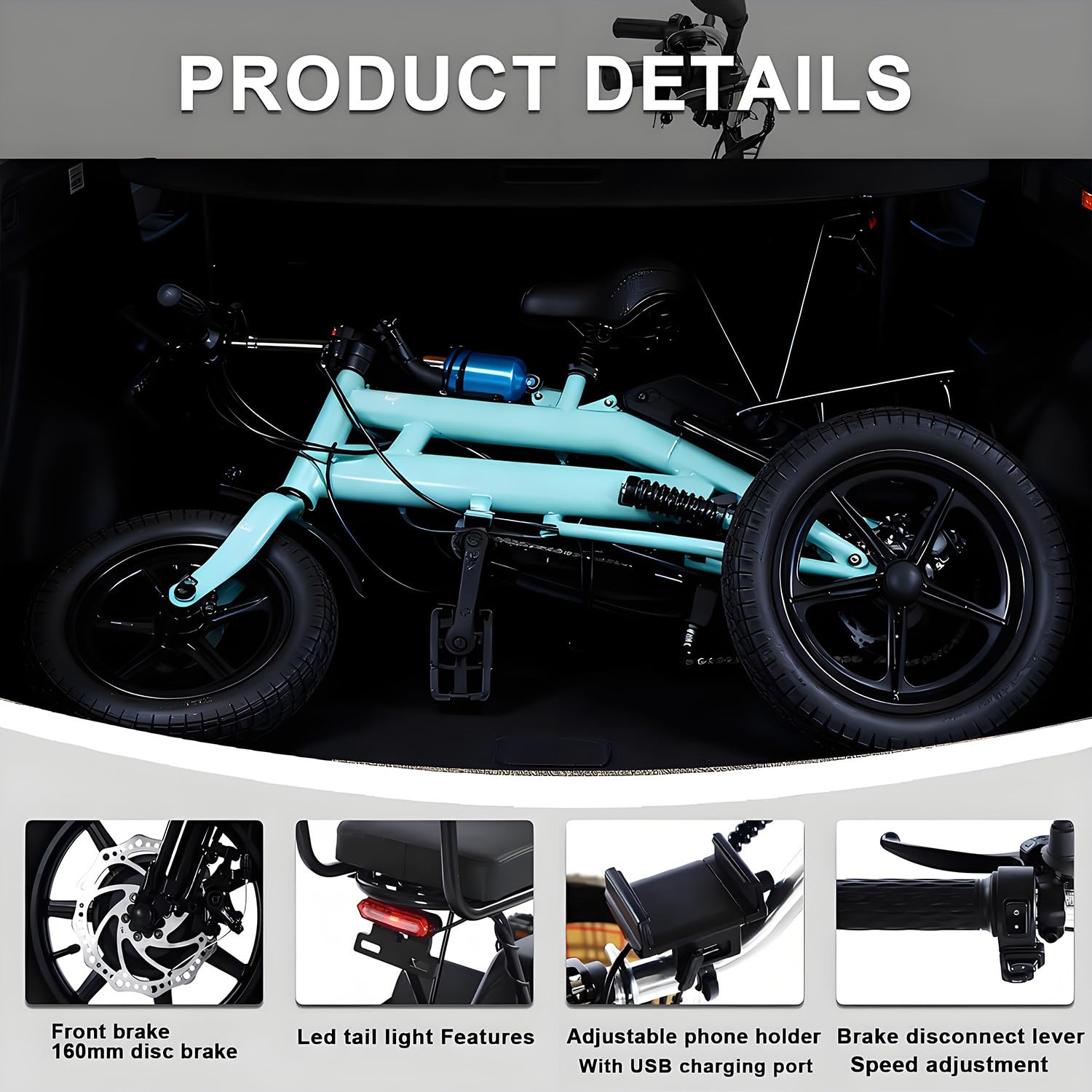 Triciclo Elettrico Pieghevole per Adulti a 3 Ruote, Bici Elettrica con Presa di Ricarica e Supporto Phone – Batteria 48V 10.4Ah, 11–20 km/h, Ruote 14", Portata 180KG,Ideale per Città e Spesa Yellow