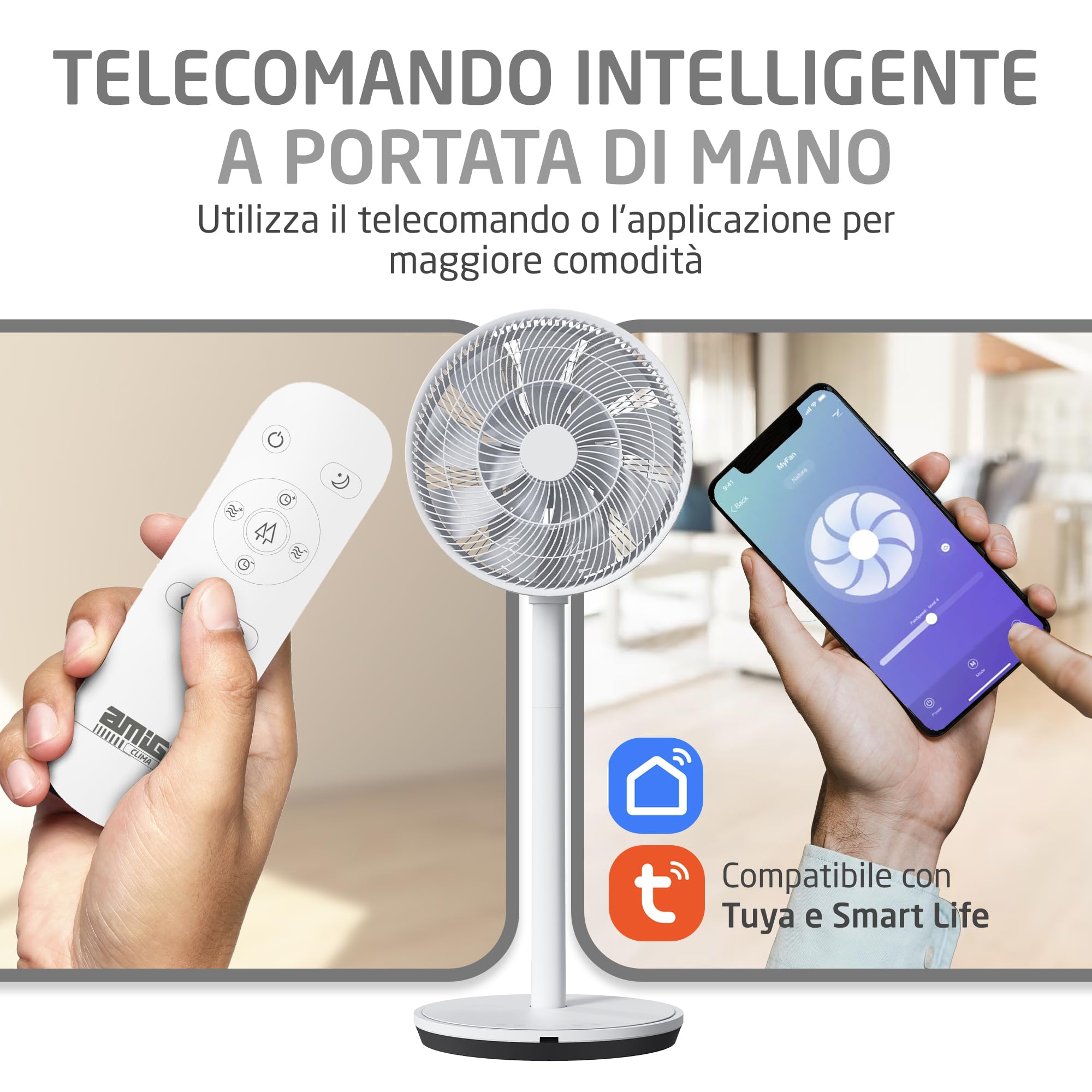 Amig - Ventilatore da Pavimento e da Tavolo GALAIR WIFI-01 - Silenzioso 13dB - 26 Velocità - Oscillazione Verticale e Orizzontale - Basso Consumo 27W - Telecomando e App - Luce LED
