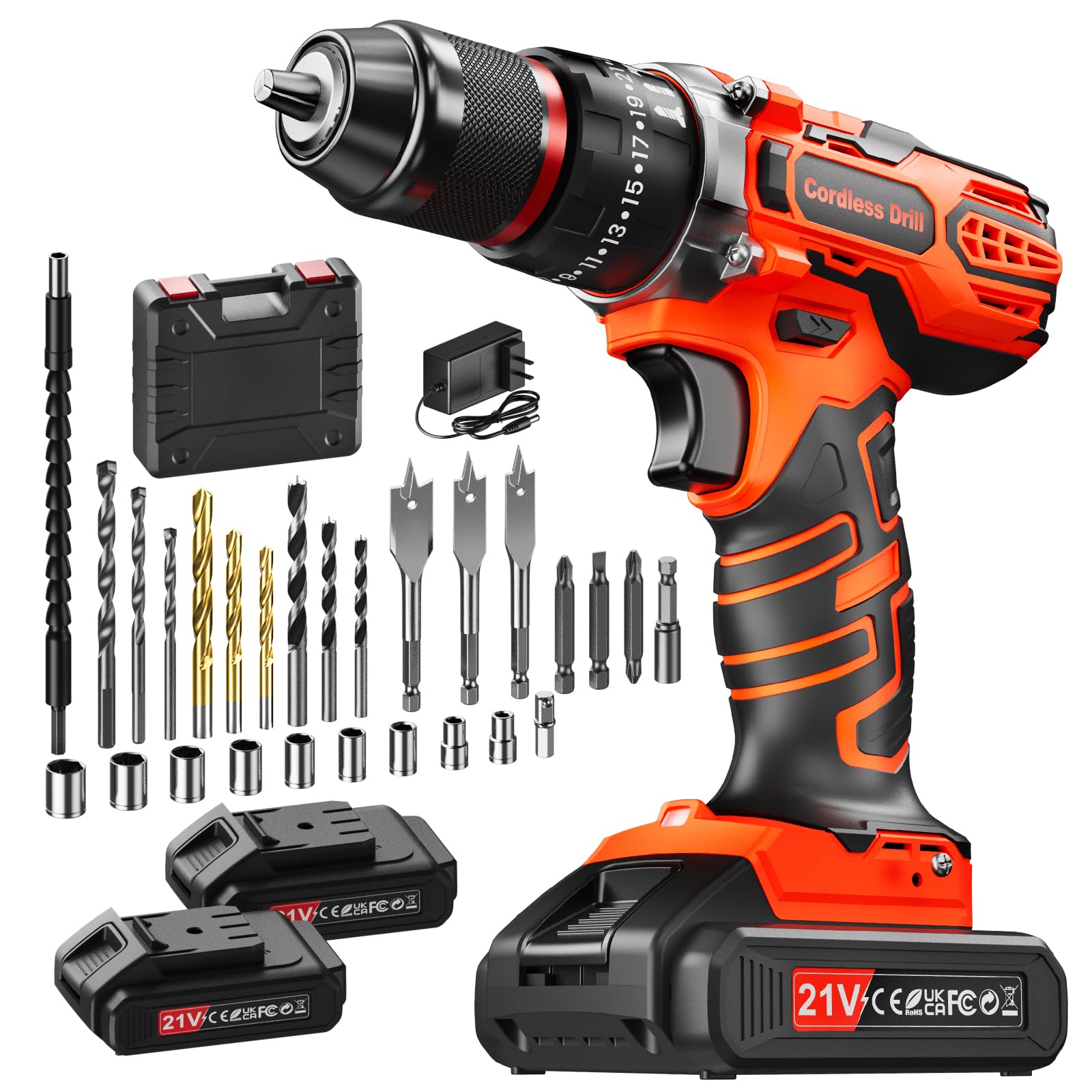 Taladro Percutor a Bateria 21V, Taladro Atornillador Batería 2 Baterías de 2,0Ah, Torque Máximo de 45Nm, 2 Velocidades, 25+3 Torque, 10mm Mandril de Metal, kit de Accesorios de 29 Piezas con Maletín