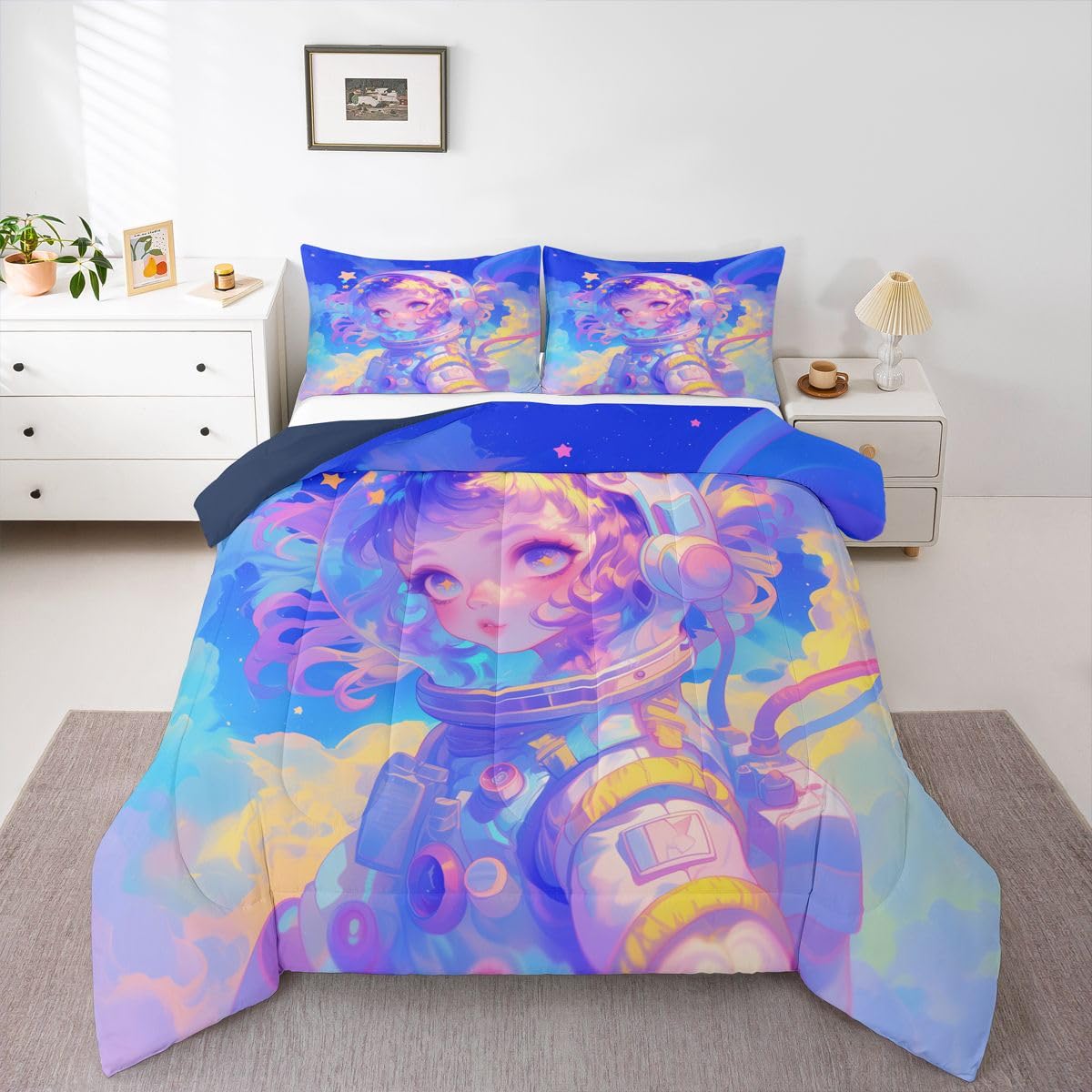 Erosebridal Watercolor Anime Girl Bedding, 3D Anime Comforter Set Cosmo Galaxy Sci-Fi Virtual Reality King Bed Comforter Set for Boys Girls Graffti Stars Print Duvet Insert