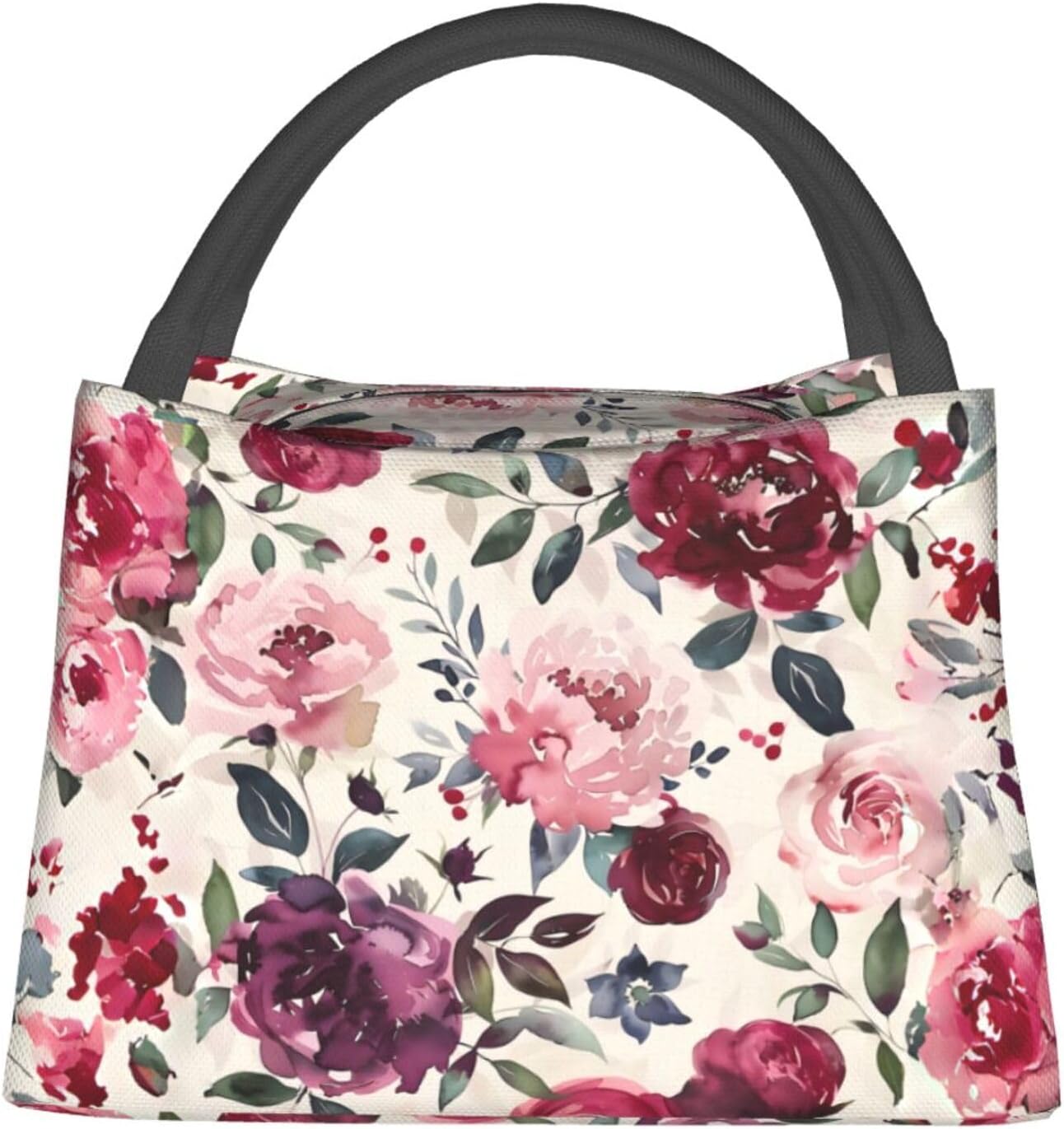 Vintage Floral Insulated Lunch Box for Girls Women,Reusable Tote Bag with Romantic Watercolor Rose,Portable Lunchbox Handbag,Makeup Bags Organizer Gifts for Work Office Travel,11x6.3x6.7in