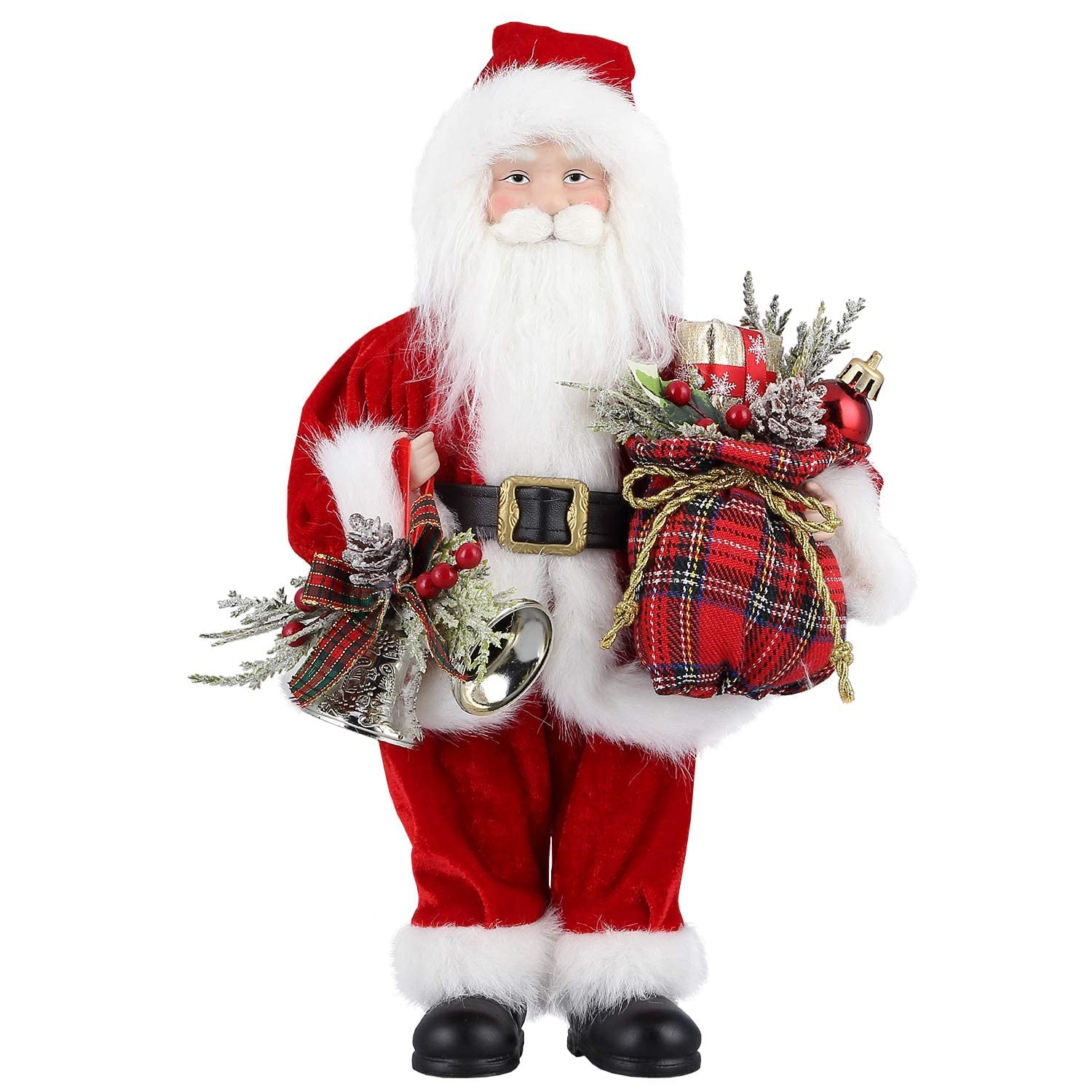 AGM Figura di Babbo Natale di 30,5 cm con sacchetto regalo e 2 campane per feste di festa e decorazione domestica