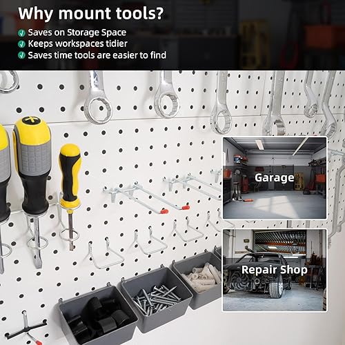 Miniatura 4 de Organizador de pared de tablero de clavijas de garaje, 2 piezas de 32 x 16 pulgadas, tablero de herramientas grande de acero resistente, tablero de