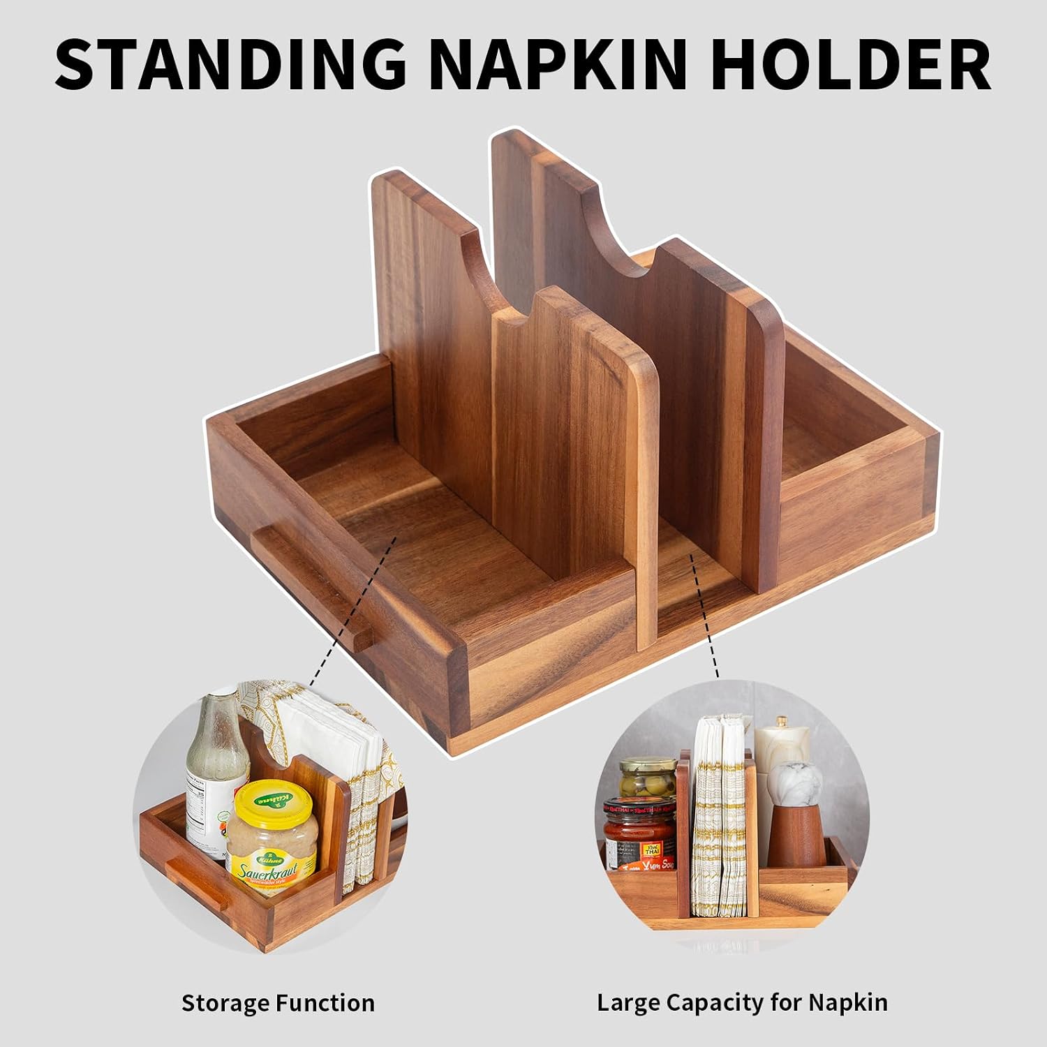Napkin Holder, Acacia Wood Napkins Holder for Kitchen with Storage Function to Organize Salt and Pepper Shakers, Standing Napkin Dispenser for Decor Dining Room Party Cocktail Restaurant Outdoor Use