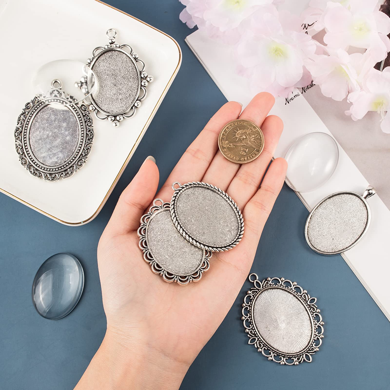 BEEFLYING 40 Pezzi Base Per Ciondolo A Tartaruga In Lega + Cabochon In Vetro – Kit Fai Da Te Per Creare Gioielli, Cornici Per Foto Cammeo, Forniture Artigianali - 2