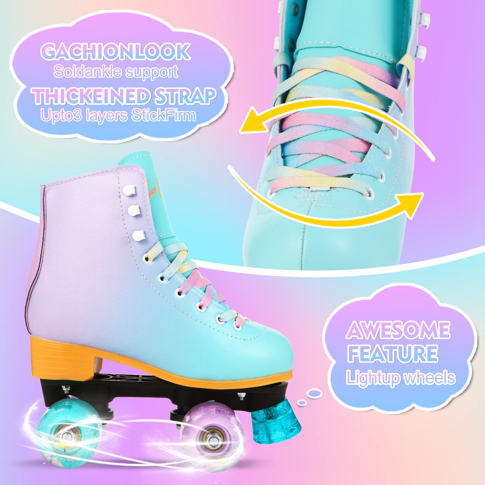 LIKU Quad Roller Skates for Girl and Women with All Wheel Light Up,Indoor/Outdoor Lace-Up Fun Illuminating Roller Skate for Kid